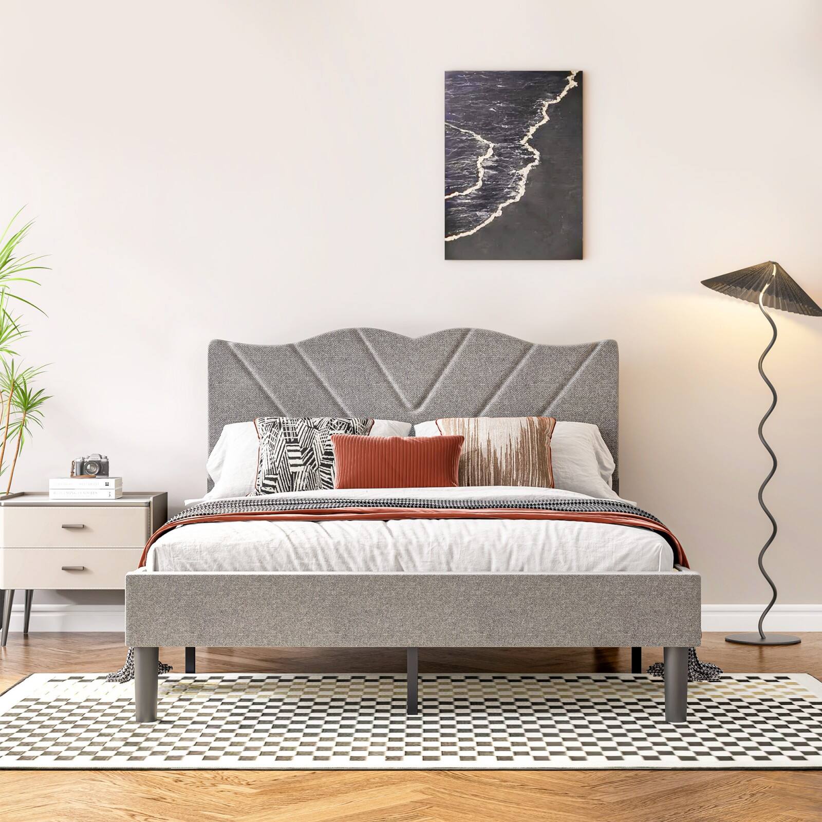 Alt View 1. Ecooso - Full Size Modern Platform Bed Frame with Upholstered Headboard & Wooden Slats - No Box Spring Needed, Easy Assembly - Grey.