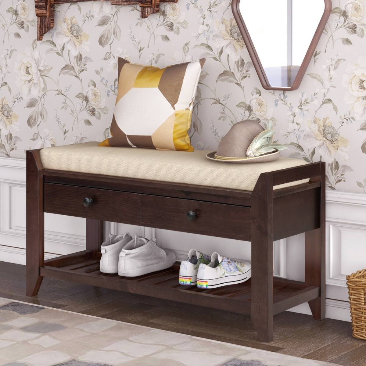 Angle. HTUTWOO - Multipurpose Shoe Rack with Cushioned Seat and Drawers - Brown.
