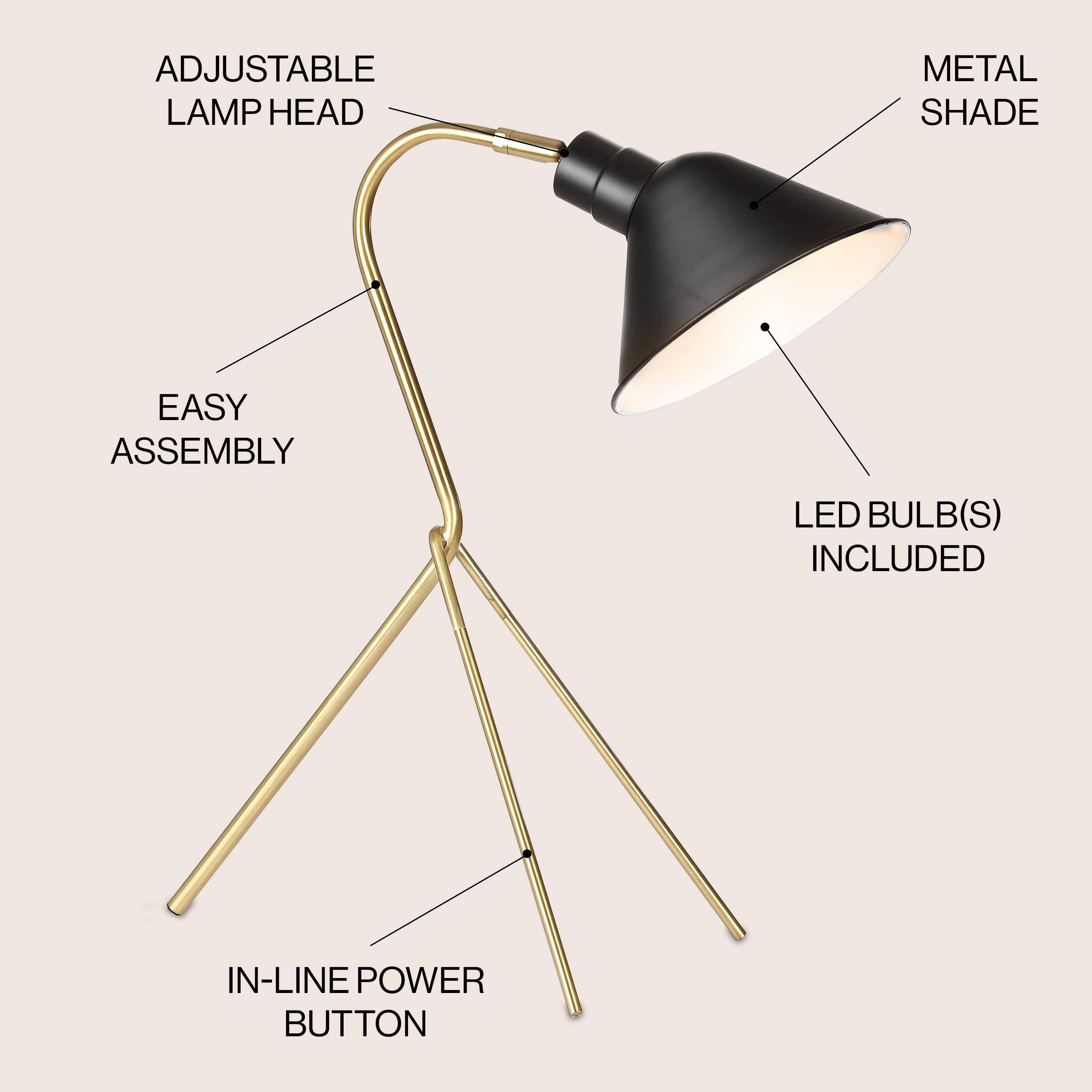 ADJUSTABLE LAMP HEAD  
EASY ASSEMBLY  
METAL SHADE  
LED BULB(S) INCLUDED  
IN-LINE POWER BUTTON