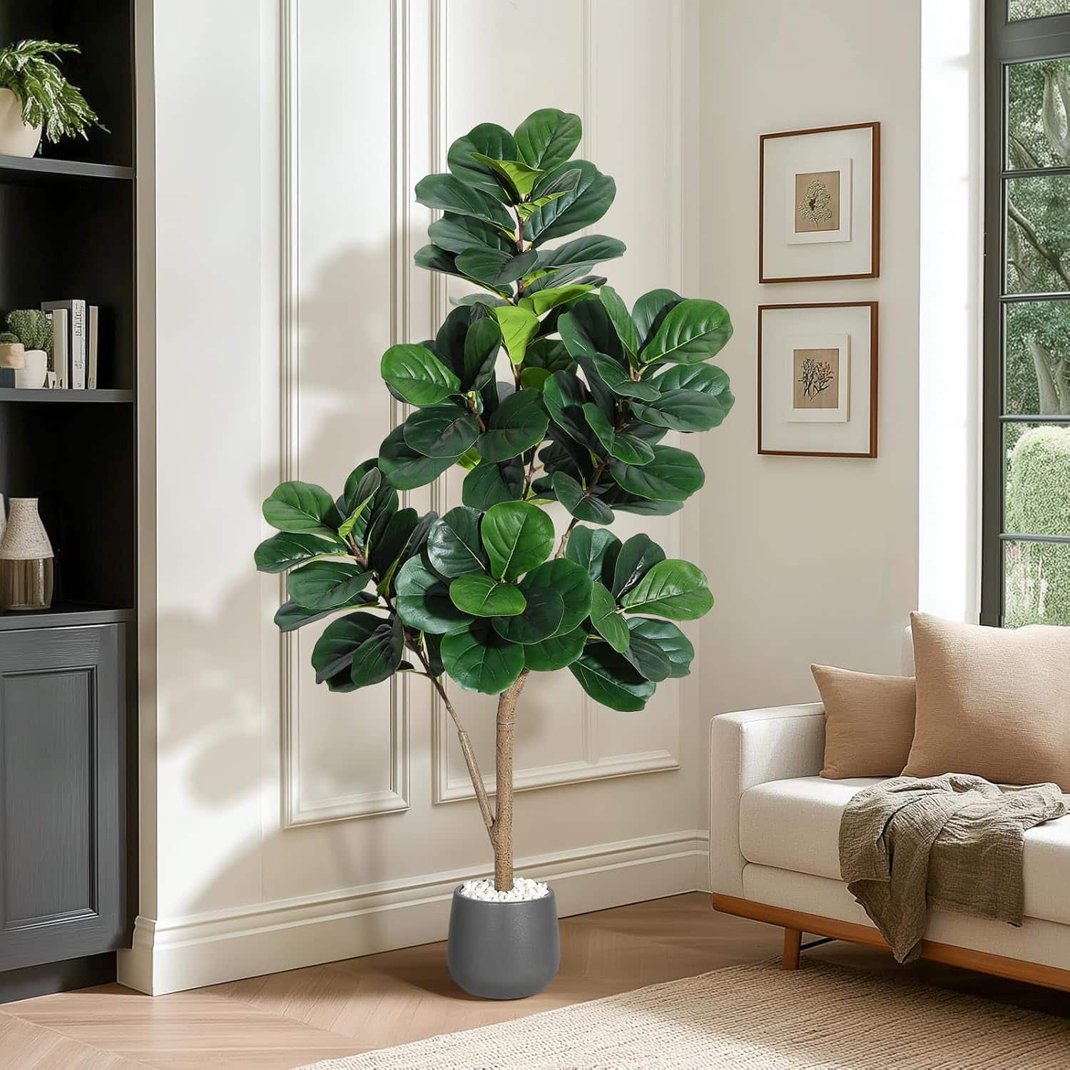Acekool - 5FT Fiddle Leaf Fig Tree Artificial, 77 Leaves, Grey Planter, Faux Floor Plant for Indoor Home Office Decor