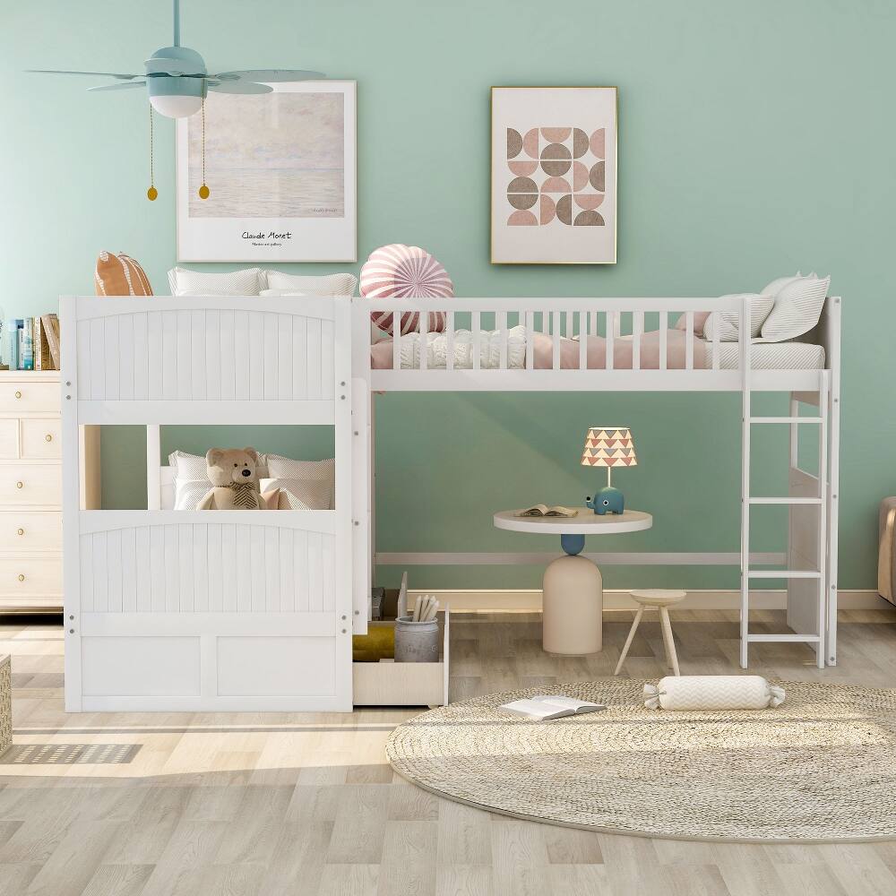 Left. Loheer - Loheer Twin Bunk Bed with Loft Attached, White Triple Bunk Bed with Drawers - White.