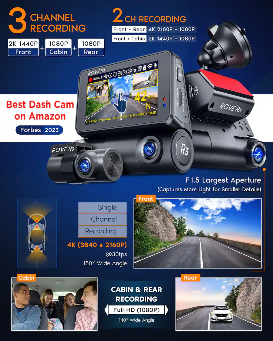 Beats Audio Rove Computer Touch Screen ROVE R3 Triple Channel Touch Screen Dash Cam 1440P+1080P+1080P, 3