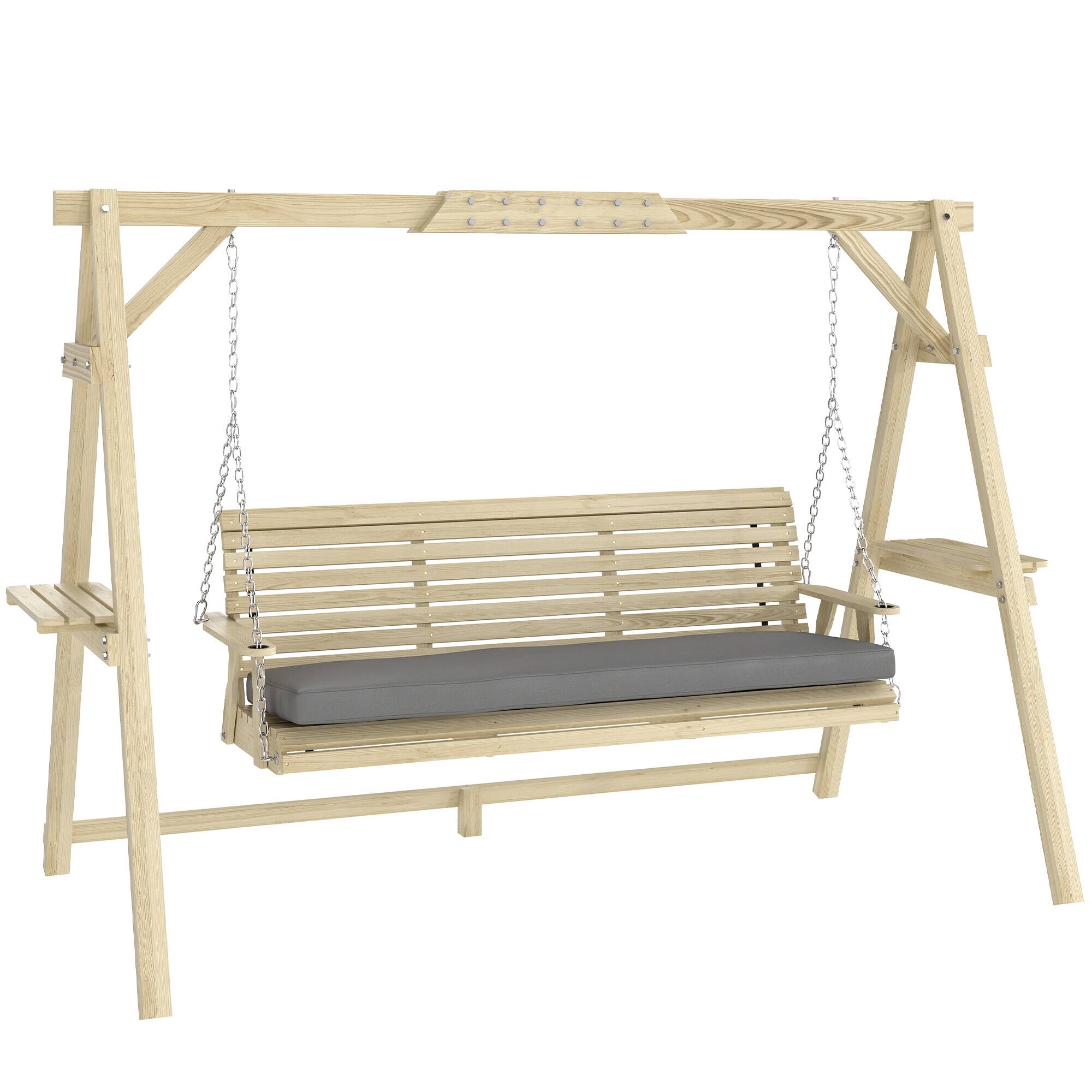 Outsunny - Seat Wooden Porch Swing with Stand, Patio Swing with Cushion, for Garden, Poolside, Backyard