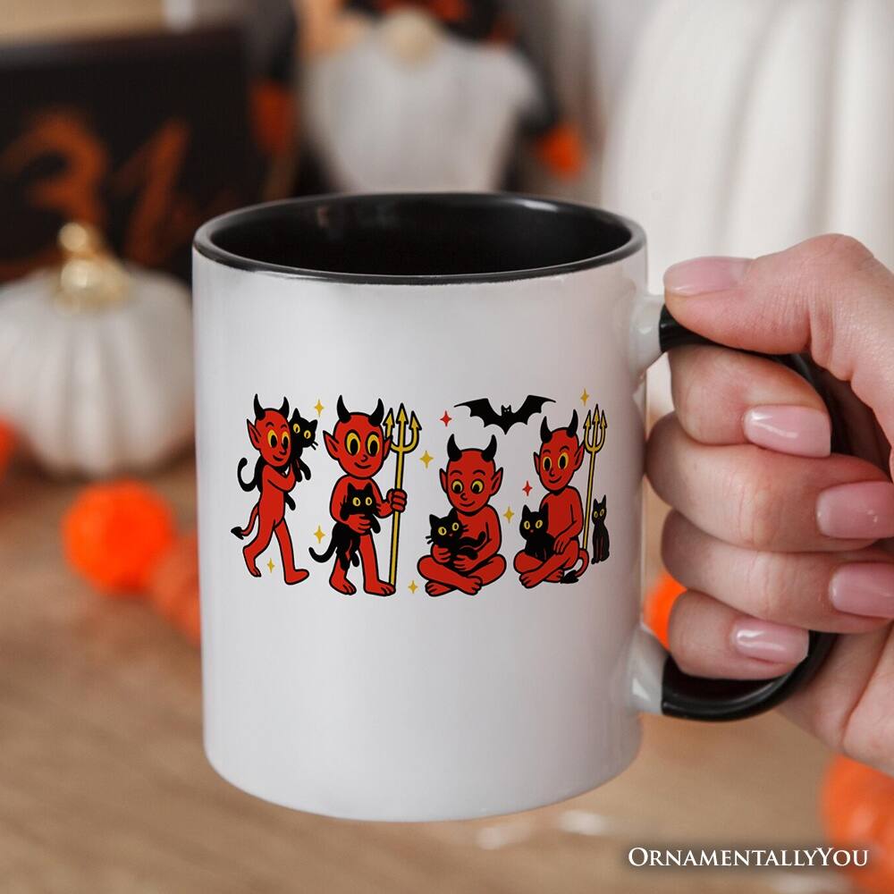 Left. OrnamentallyYou - Cute Red Devils and Cats Mug, Vintage Halloween Gift - White.
