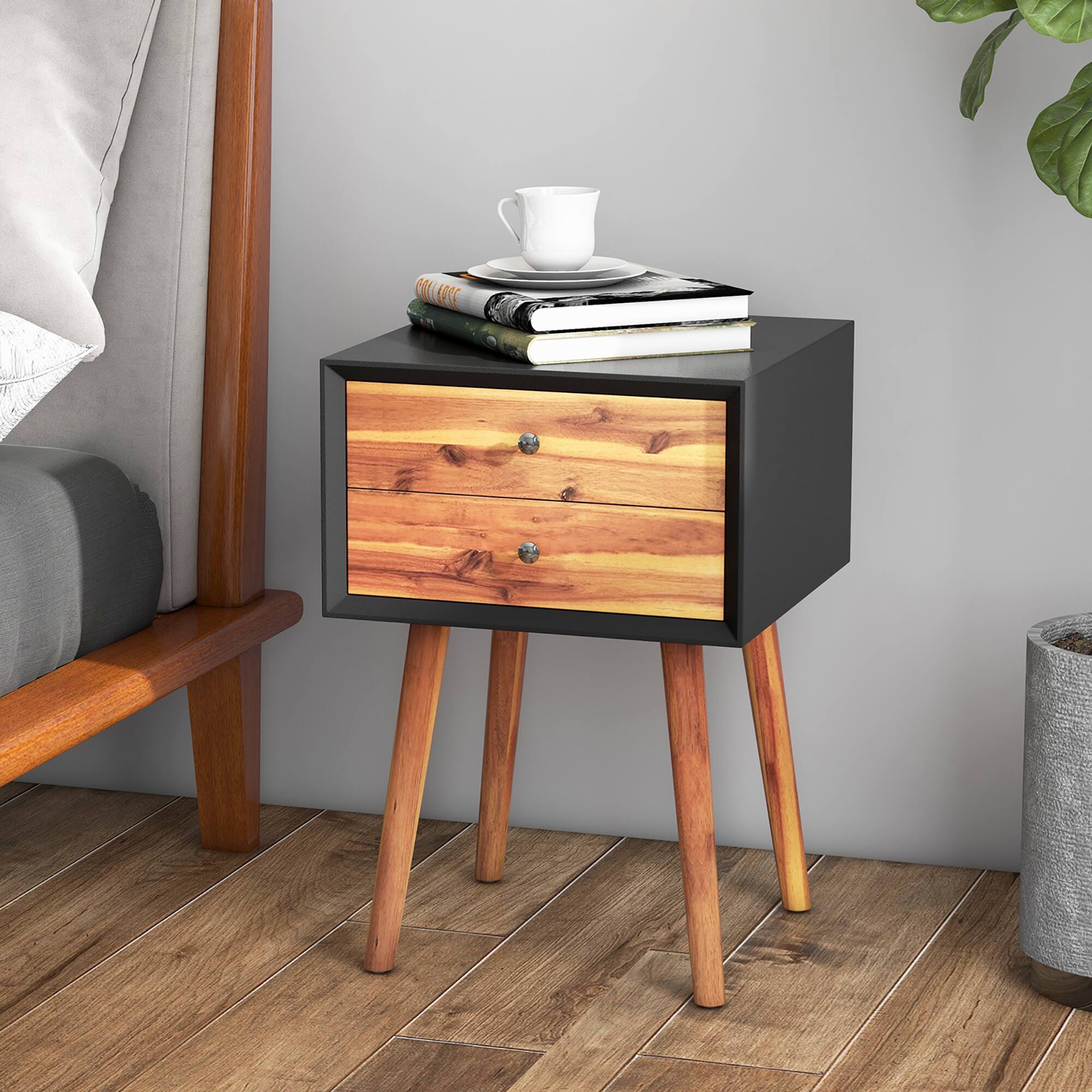 Alt View 1. Gymax - Gymax 2PCS Wooden Nightstand Mid-Century End Side Table Living Room W/2 Storage Drawer - Black & Brown.