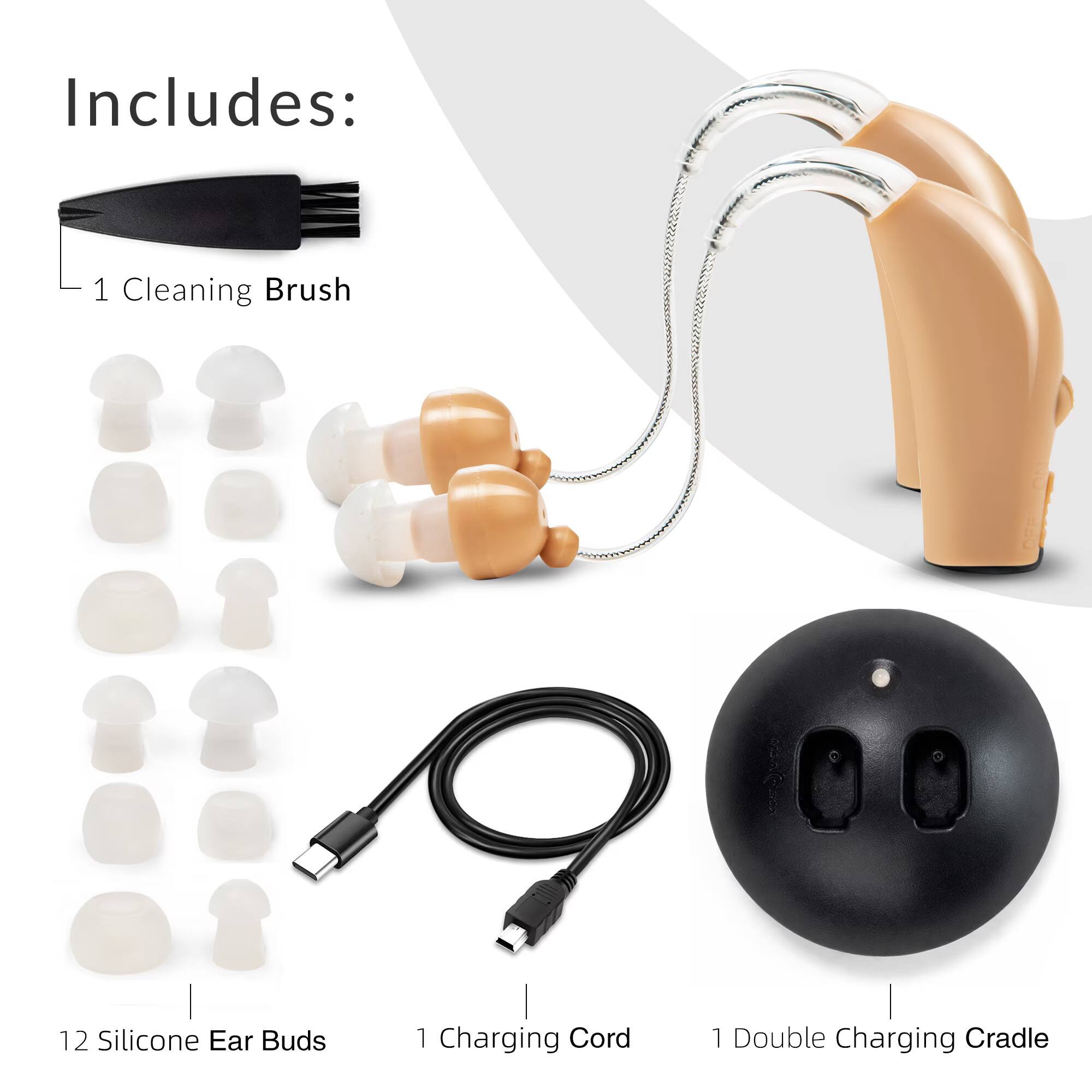 Includes:  
- 1 Cleaning Brush  
- 12 Silicone Ear Buds  
- 1 Charging Cord  
- 1 Double Charging Cradle