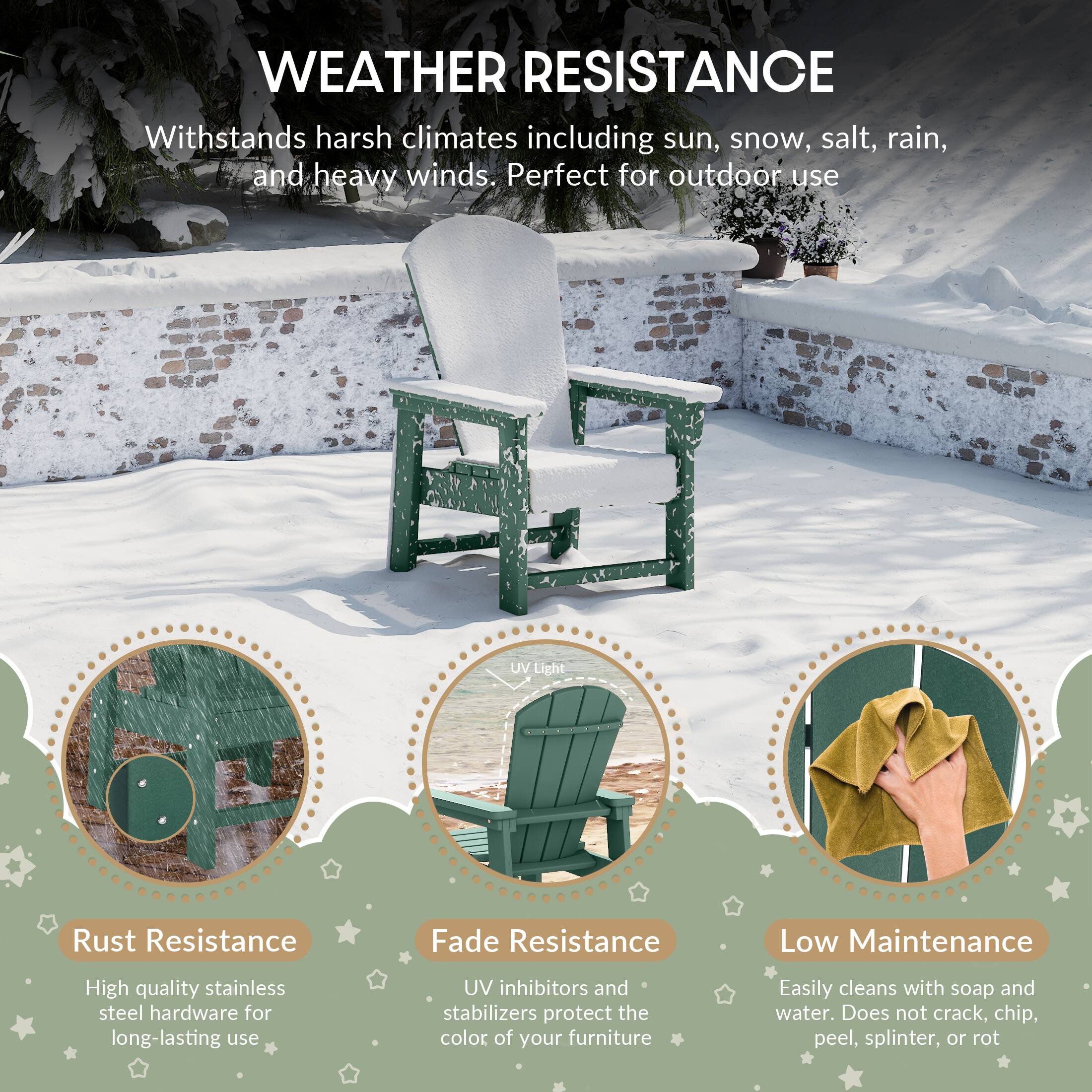 WEATHER RESISTANCE

Withstands harsh climates including sun, snow, salt, rain, and heavy winds. Perfect for outdoor use

UV Light
Rust Resistance
Fade Resistance
Low Maintenance

High quality stainless steel hardware for long-lasting use
UV inhibitors and stabilizers protect the color of your furniture
Easily cleans with soap and water. Does not crack, chip, peel, splinter, or rot