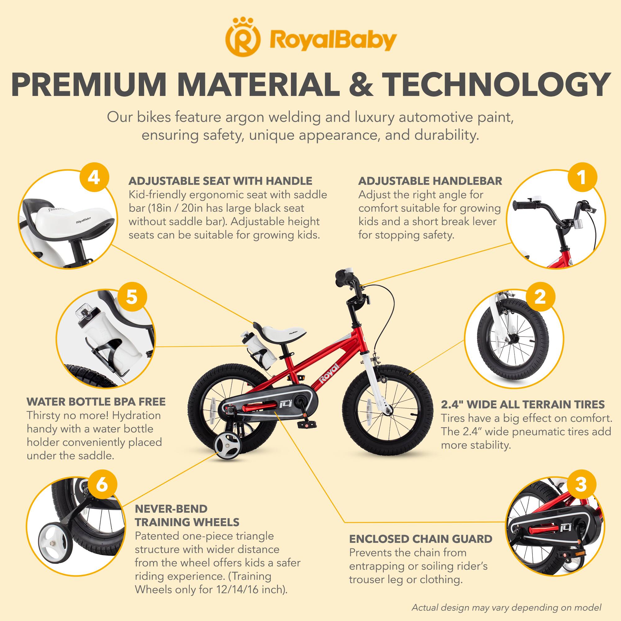 RoyalBaby PREMIUM MATERIAL & TECHNOLOGY  
Our bikes feature argon welding and luxury automotive paint, ensuring safety, unique appearance, and durability.  

1. ADJUSTABLE HANDLEBAR  
Adjust the right angle for comfort suitable for growing kids and a short break lever for stopping safety.  

2. WATER BOTTLE BPA FREE  
Thirsty no more! Hydration handy with a water bottle holder conveniently placed under the saddle.  

3. 2.4" WIDE ALL TERRAIN TIRES  
Tires have a big effect on comfort. The 2.4" wide pneumatic tires add more stability.  

4. ADJUSTABLE SEAT WITH HANDLE  
Kid-friendly ergonomic seat with saddle bar (18in / 20in has large black seat comfort suitable for growing without saddle bar). Adjustable height kids and a short break lever seats can be suitable for growing kids.  

5. ENCLOSED CHAIN GUARD  
Prevents the chain from entrapping or soiling rider's trouser leg or clothing.  

6. NEVER-BEND TRAINING WHEELS  
Patented one-piece triangle structure with wider distance from the wheel offers kids a safer riding experience. (Training Wheels only for 12/14/