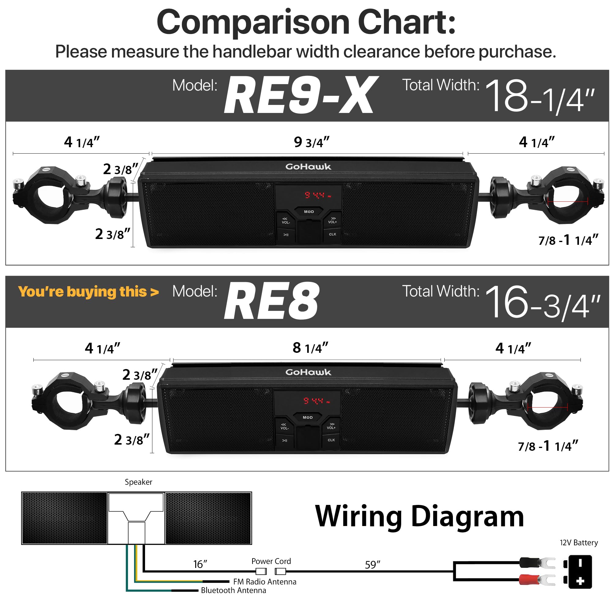 Comparison Chart:  
Please measure the handlebar width clearance before purchase.

**Model: RE9-X**  
Total Width: 18-1/4"  
- 4 1/4"  
- 9 3/4"  
- 4 1/4"  
- 2 3/8"  
- 2 3/8"  
- 7/8 - 1 1/4"  

**Model: RE8**  
Total Width: 16-3/4"  
- 4 1/4"  
- 8 1/4"  
- 4 1/4"  
- 2 3/8"  
- 2 3/8"  
- 7/8 - 1 1/4"  

You're buying this > Model: RE8  

Wiring Diagram  
- Speaker: 16"  
- Power Cord: 59"  
- FM Radio Antenna  
- Bluetooth Antenna  
- 12V Battery