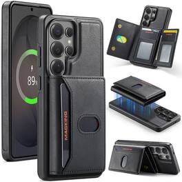 Dteck - Shockproof Leather Phone Case for Samsung Galaxy S26 Ultra with RFID Wallet, Magnetic Detachable Card Holder Stand Cover - Black