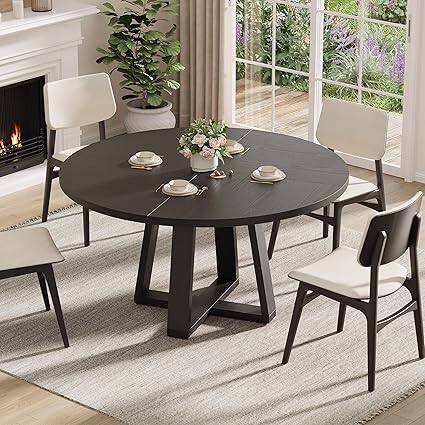 Left. GARVEE - 47" Farmhouse Round Dining Table for 4-6, Wood Cross Pedestal Base for Living Room, Dining Room,Black - Black.