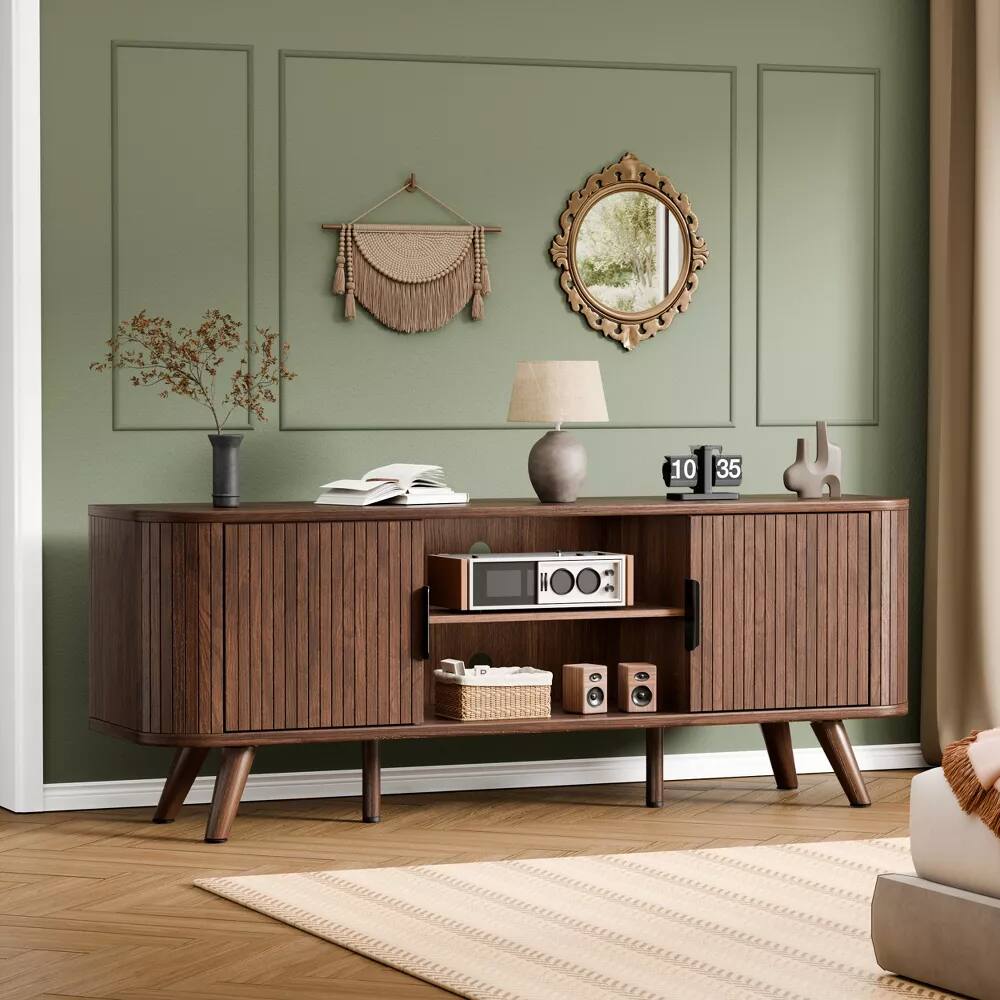 Alt View 1. Furnulem - 55 Inch Fluted TV Stand 3 Door Media Console with Adjustable Shelves - Brown.