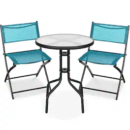 Best Choice Products - 3-Piece Patio Bistro Dining Furniture Set w/ Glass Tabletop, Folding Chairs - Peacock