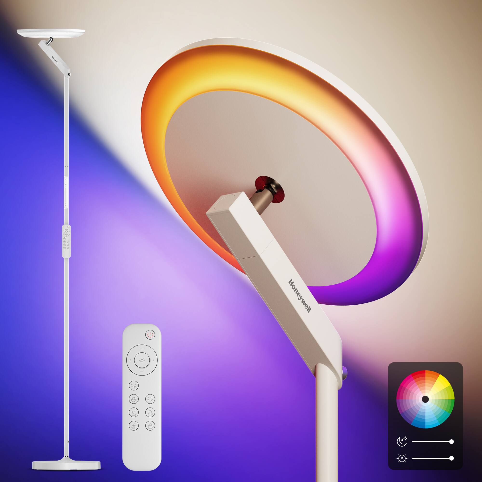 Alt View 8. Honeywell - F2 Sunturalux™ 40W RGB Torchiere Floor Lamp,3000LM,2700-5000K CCT+6 RGB Modes,Remote Control,Eye-Caring Reading Light - White.