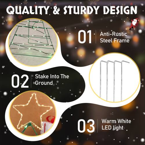 QUALITY & STURDY DESIGN

01 Anti-Rustic Steel Frame

02 Stake Into The Ground

03 Warm White LED light