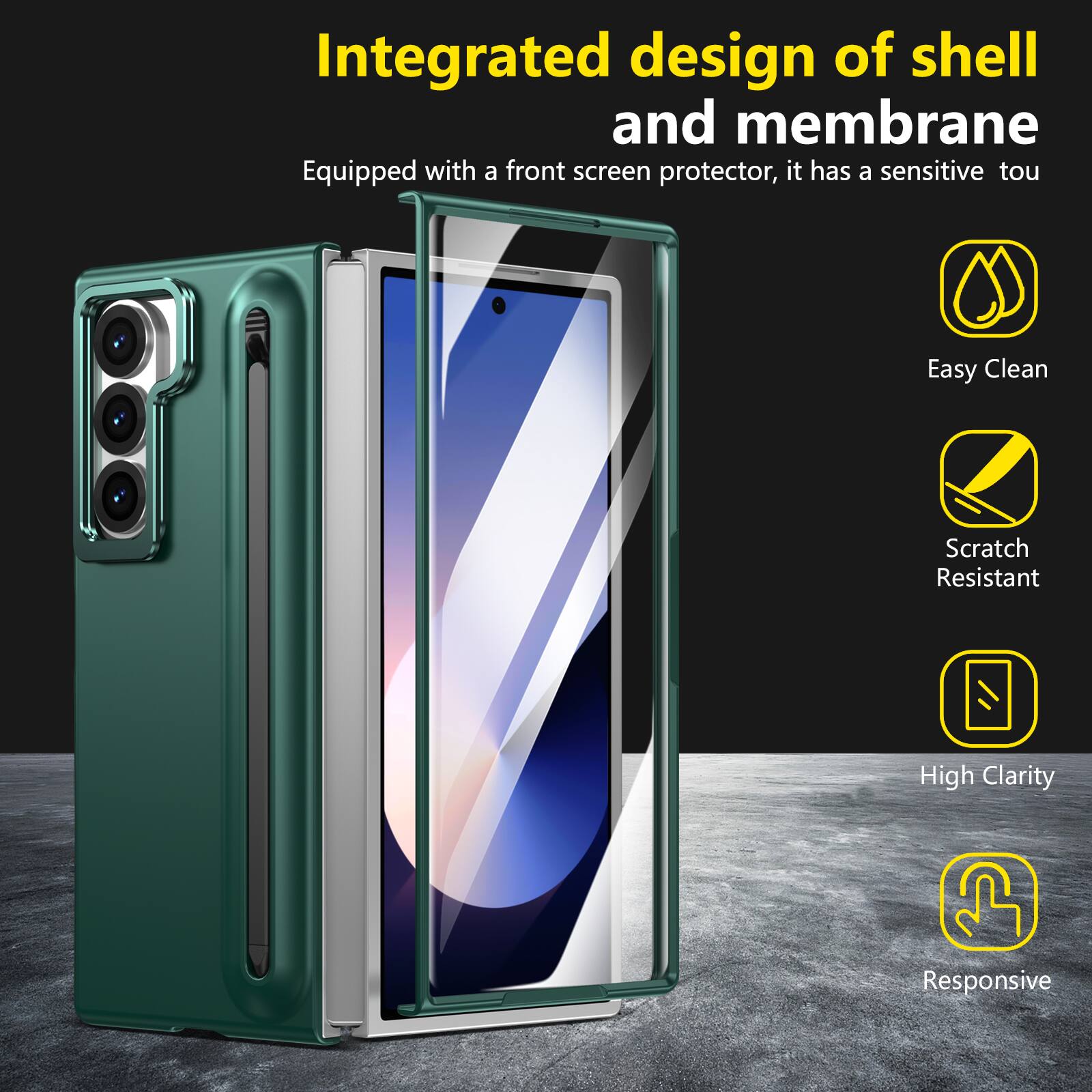 Integrated design of shell and membrane  
Equipped with a front screen protector, it has a sensitive touch  
Easy Clean  
Scratch Resistant  
High Clarity  
Responsive