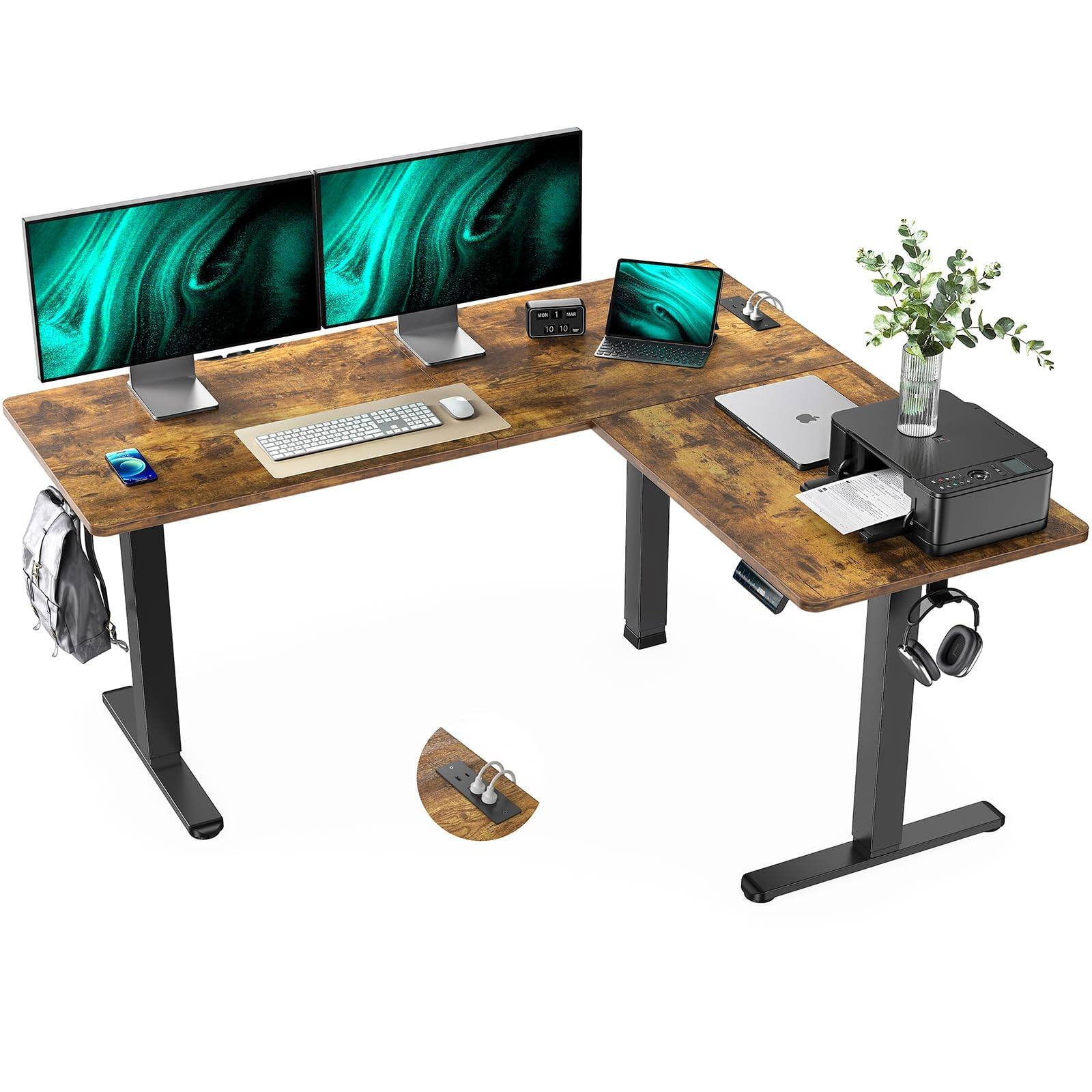Hirose Alice - Marsail 63×n Electric Corner L-Shaped Standing Desk with 4-in lectical Outlet, Computer Desk with Headphone - Brown 63 Inch