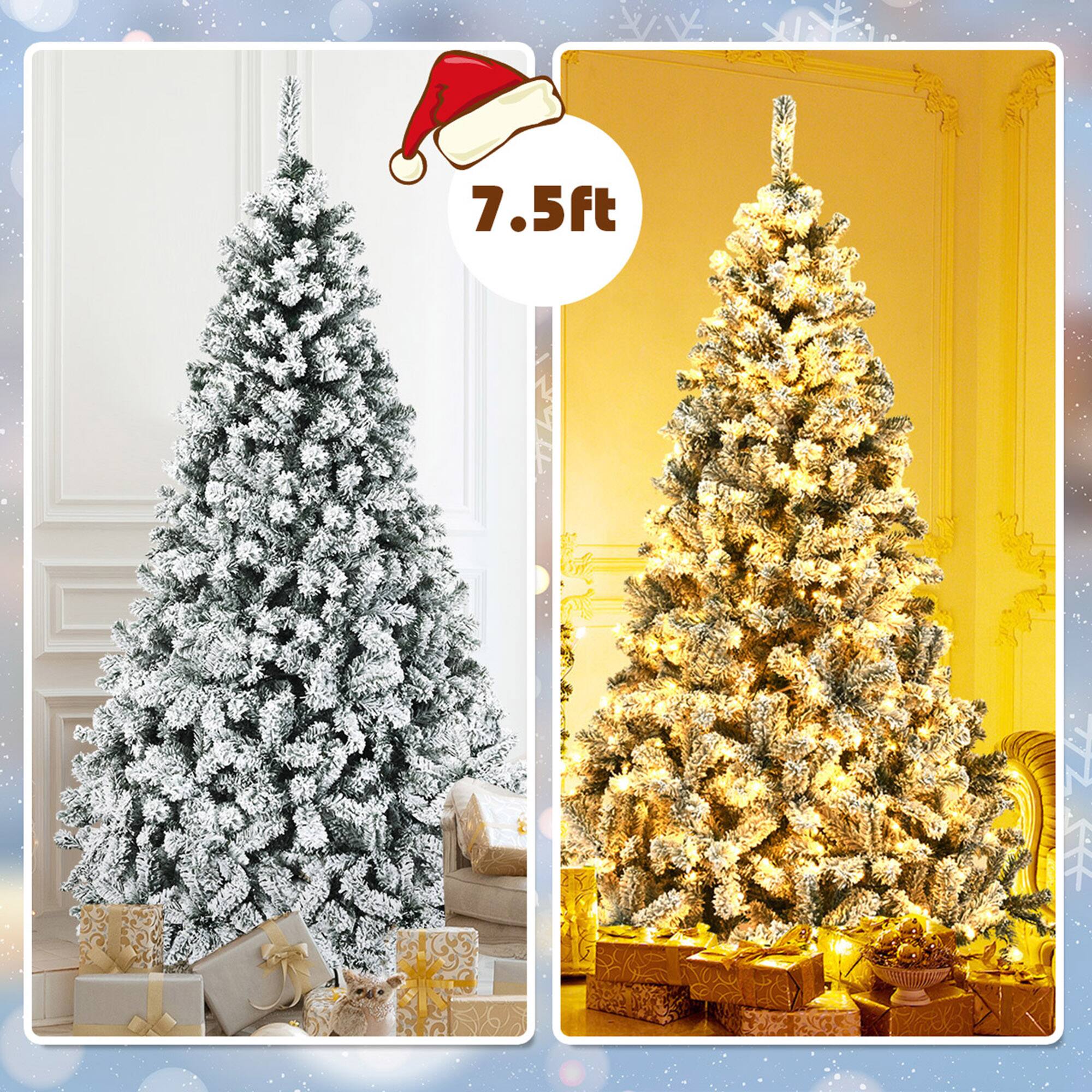 Alt View 4. Gymax - Gymax 7.5 FT Pre-Lit Christmas Tree Snow Flocked Hinged Pine Tree w/ Metal Stand - White.
