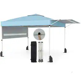 Costway - 10x17 FT Pop Up Canopy Tent with Dual Adjustable Awnings, Silver-Coated Fabric - Blue