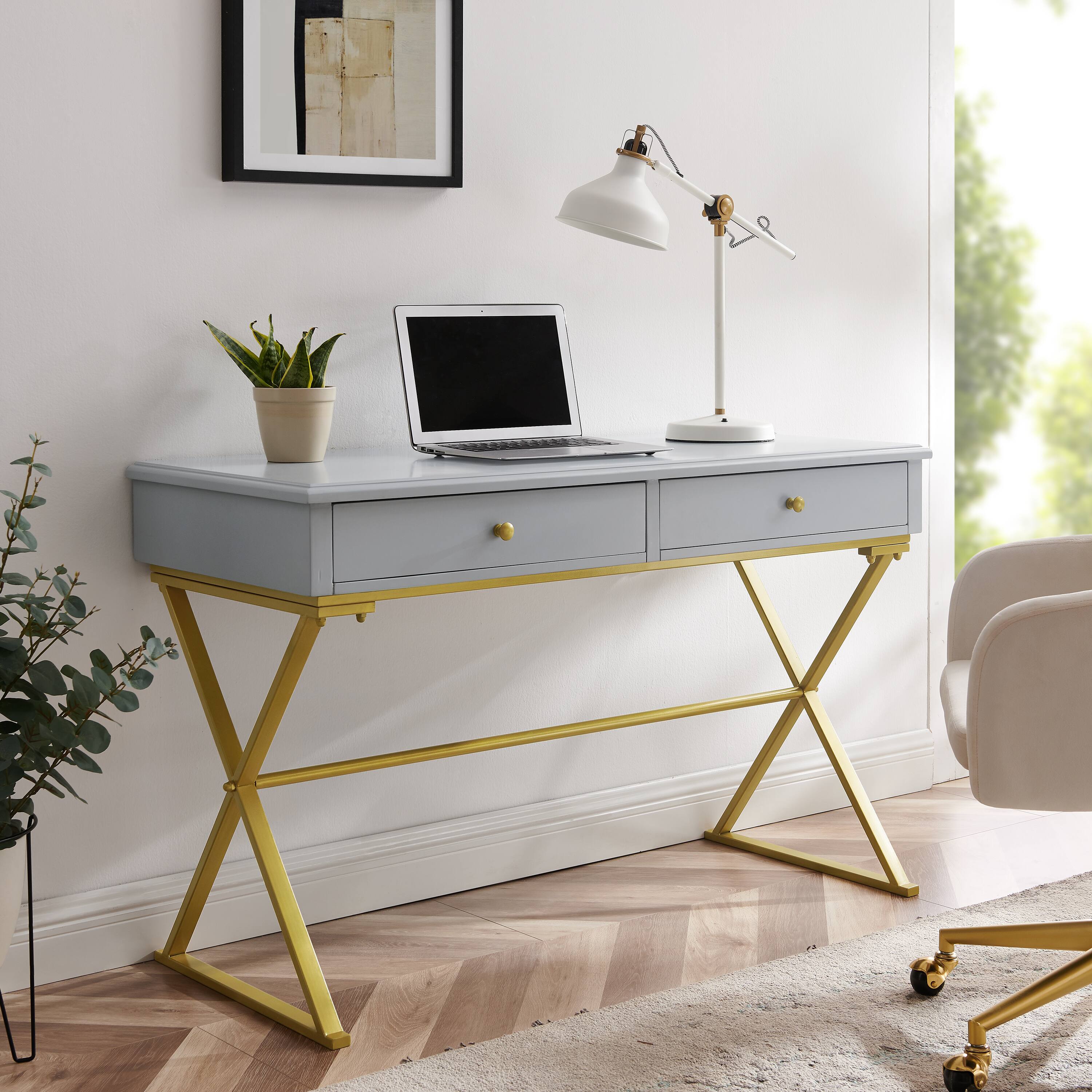Alt View 15. Linon Home Décor - Edmore Two-Drawer Campaign Desk - Gray & Gold.