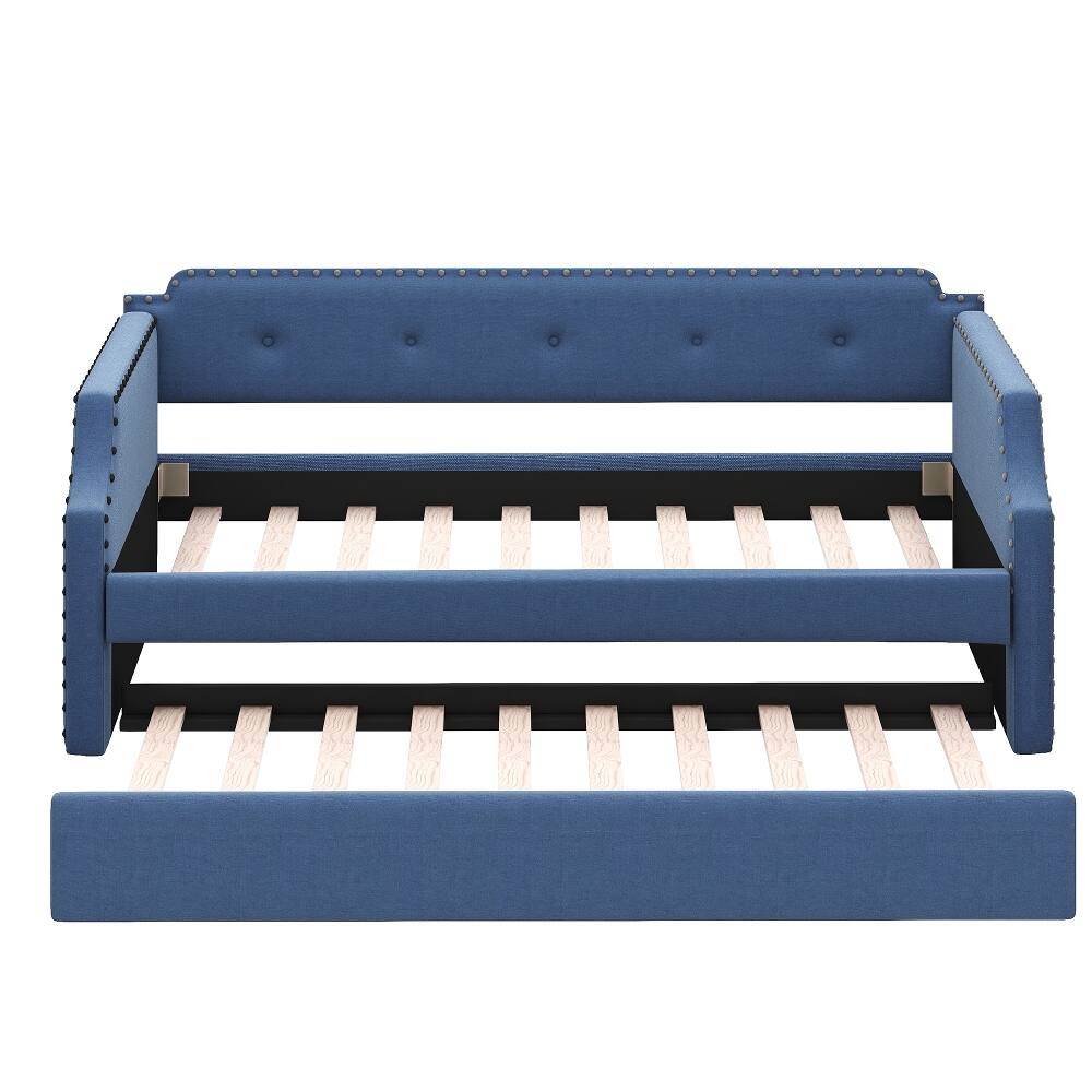 Alt View 2. Loheer - Loheer Twin Upholstered Daybed with Trundle Blue Linen Sofa Bed - Blue.
