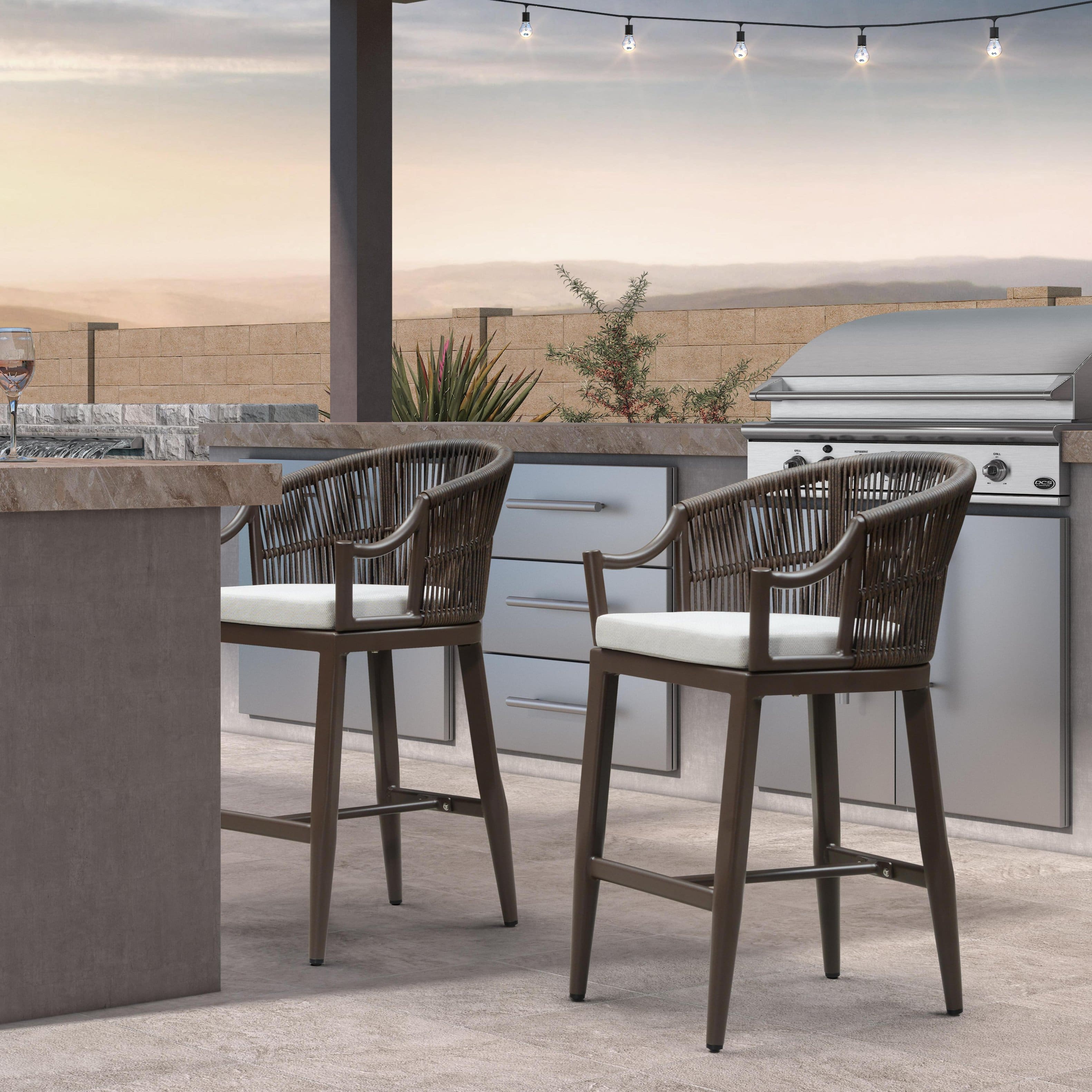 Front. PURPLE LEAF - Patio Counter Height Set of 2 Outdoor Rattan Chairs with Back Modern Aluminum Woven Barstools for Garden Indoor Kitchen - Coffee-Counter Stool.