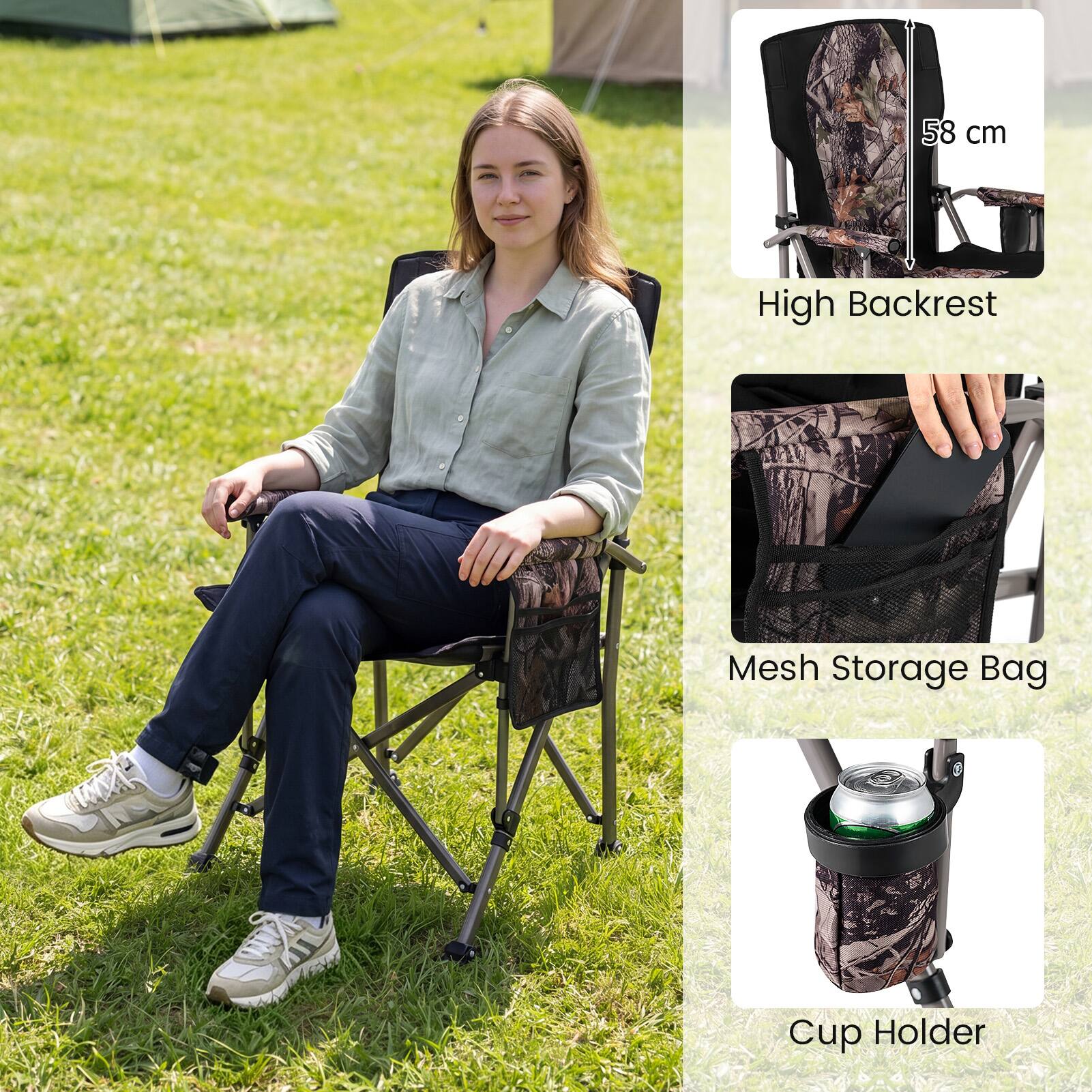 58 cm  
High Backrest  
Mesh Storage Bag  
Cup Holder