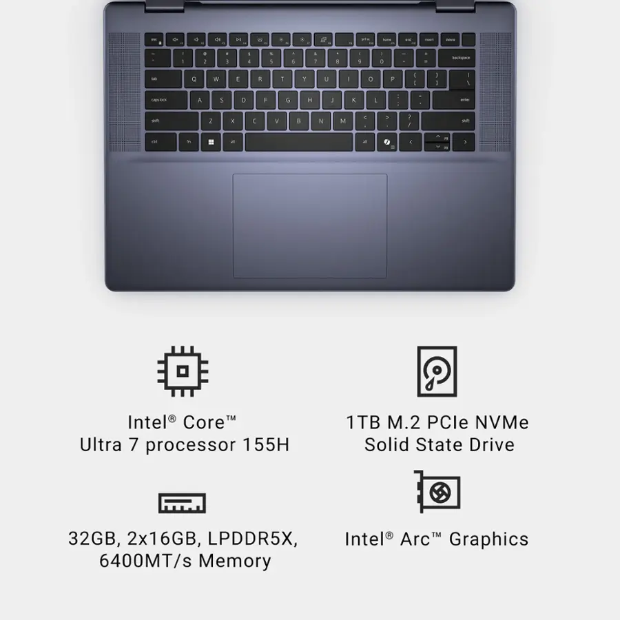 * Intel Core Ultra 7 processor 155H
* 1TB M.2 PCle NVMe Solid State Drive
* 32GB, 2x16GB, LPDDR5X, 6400MT/s Memory
* TM Intel Arc Graphics