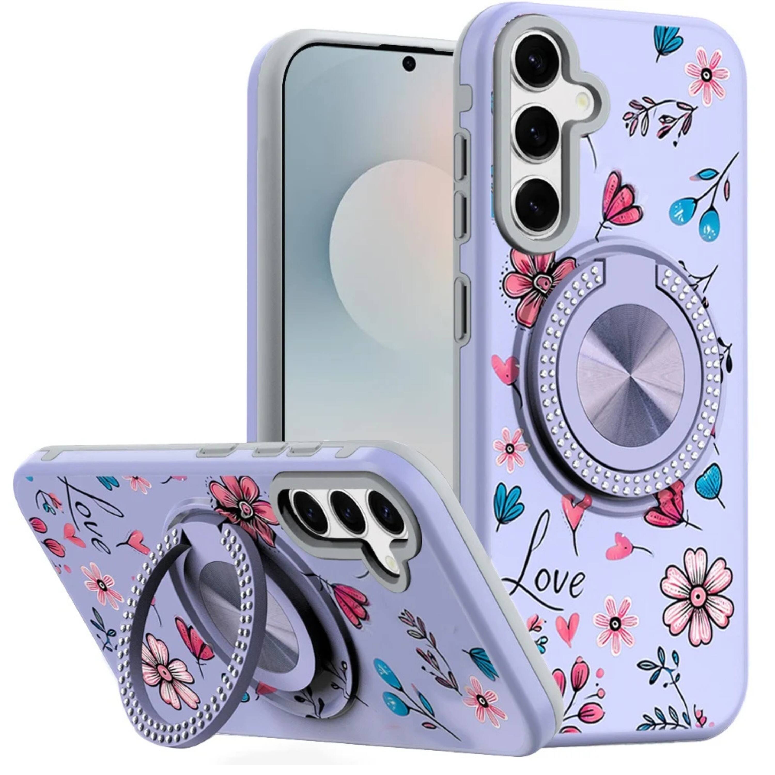 Front. Kitcheniva - Printed Bling 360 Rotating Ring Stand Phone Case With Tempered Glass For Samsung S26 6.3 Inch Purple Flowers - Purple.