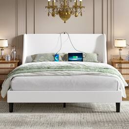 Vecelo - Upholstered Bed Frame with Headboard and Wingback, Beige Queen Size Bed Frame, Platform Bed with USB, and Type-C Ports - White