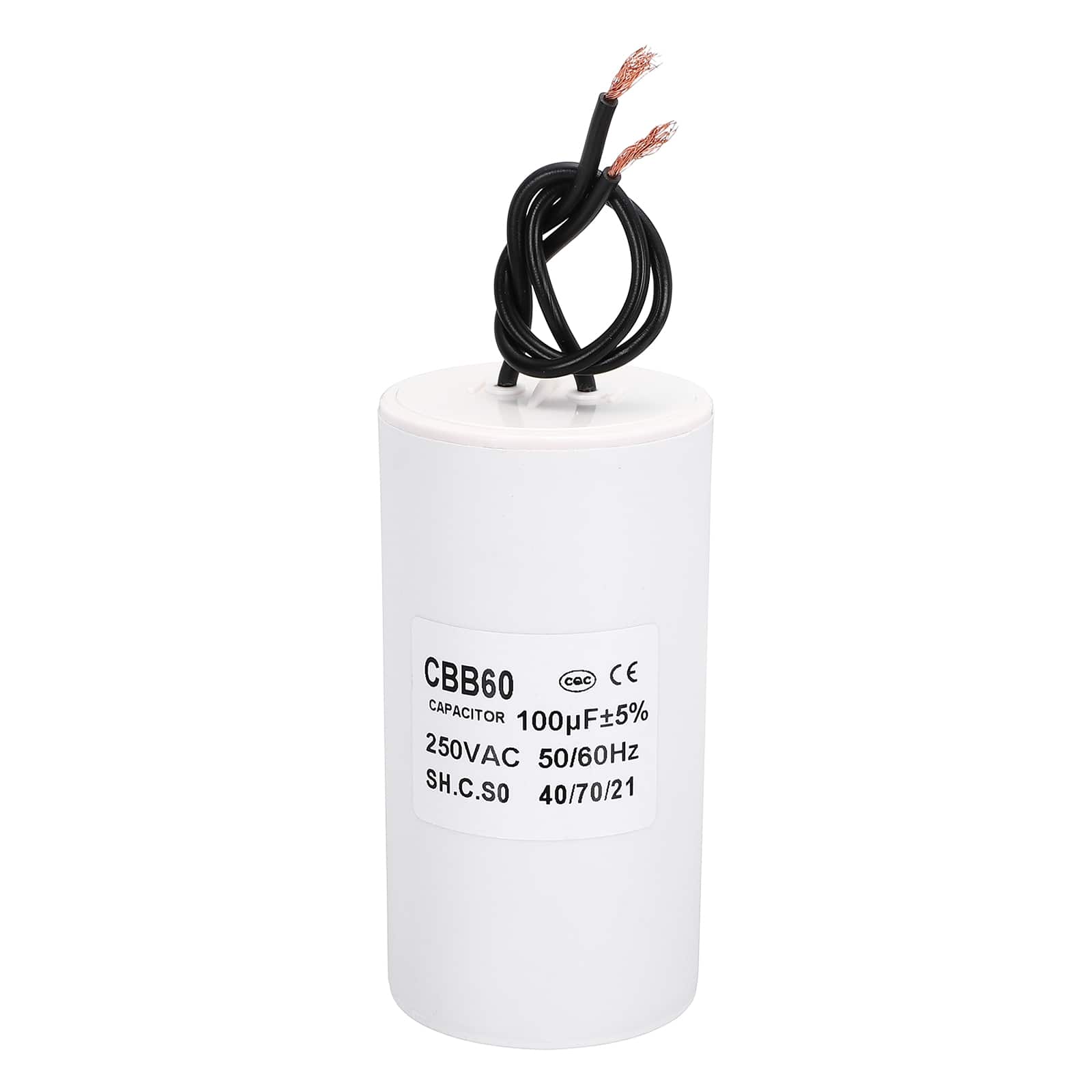 Unique Bargains - 100uF CBB60 Running Capacitor, AC 250V 2 Wires 50/60Hz Cylinder 100x55mm for Water Pumps, Washing Machines - White