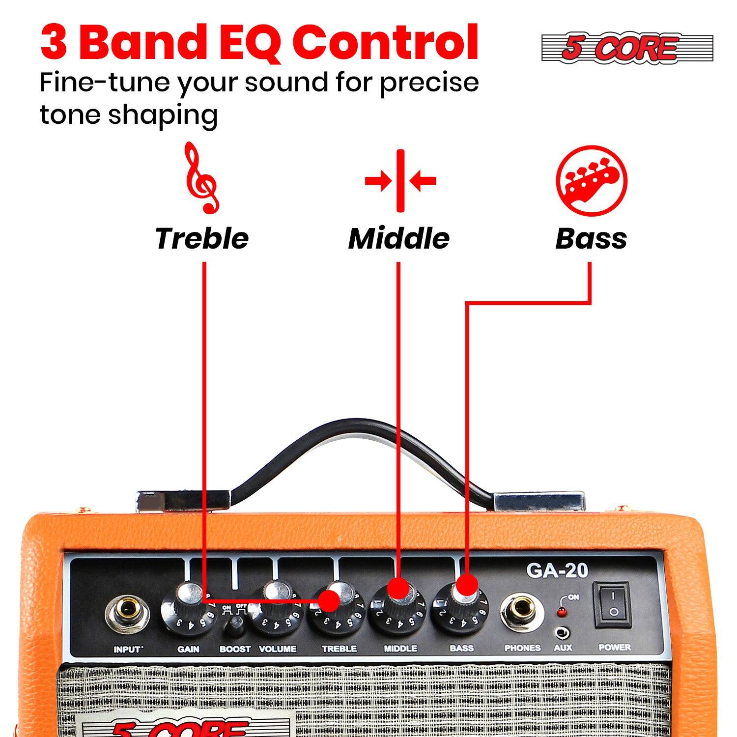 3 Band EQ Control  
Fine-tune your sound for precise tone shaping  

Treble  
Middle  
Bass  

GA-20  

INPUT  
GAIN  
BOOST  
VOLUME  
TREBLE  
MIDDLE  
BASS  
PHONES  
AUX  
POWER  

5 CORE