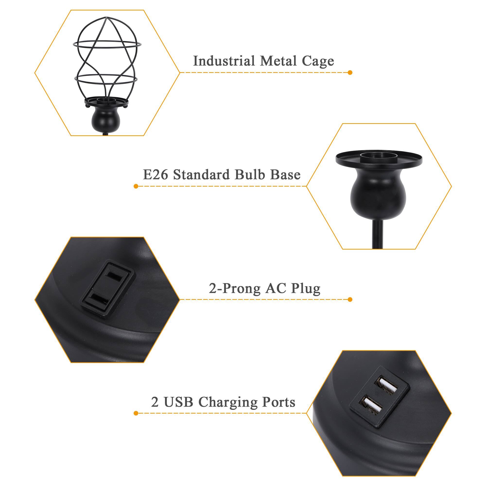 Industrial Metal Cage  
E26 Standard Bulb Base  
2-Prong AC Plug  
2 USB Charging Ports