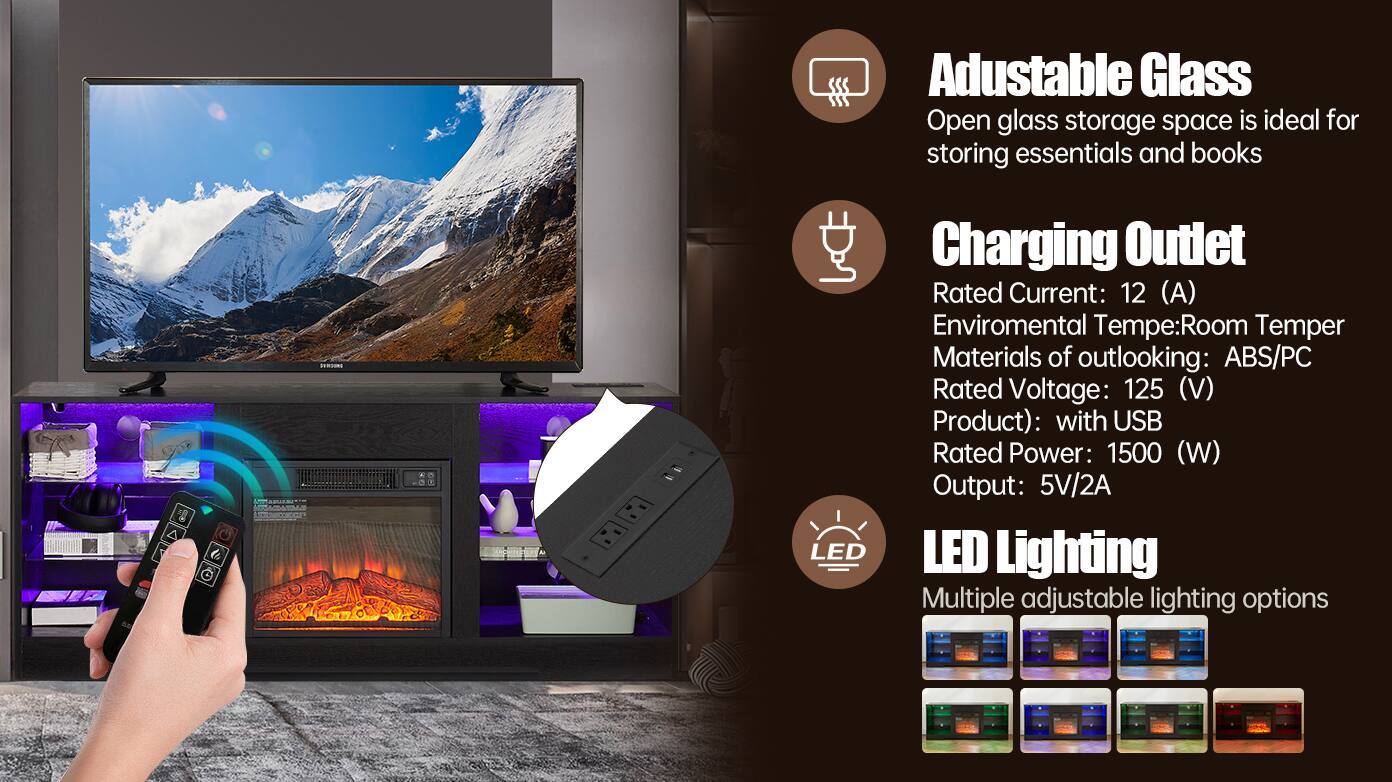 **Adjustable Glass**  
Open glass storage space is ideal for storing essentials and books.

**Charging Outlet**  
- Rated Current: 12 (A)  
- Environmental Temp: Room Temper  
- Materials of outlooking: ABS/PC  
- Rated Voltage: 125 (V)  
- Product: with USB  
- Rated Power: 1500 (W)  
- Output: 5V/2A  

**LED Lighting**  
Multiple adjustable lighting options