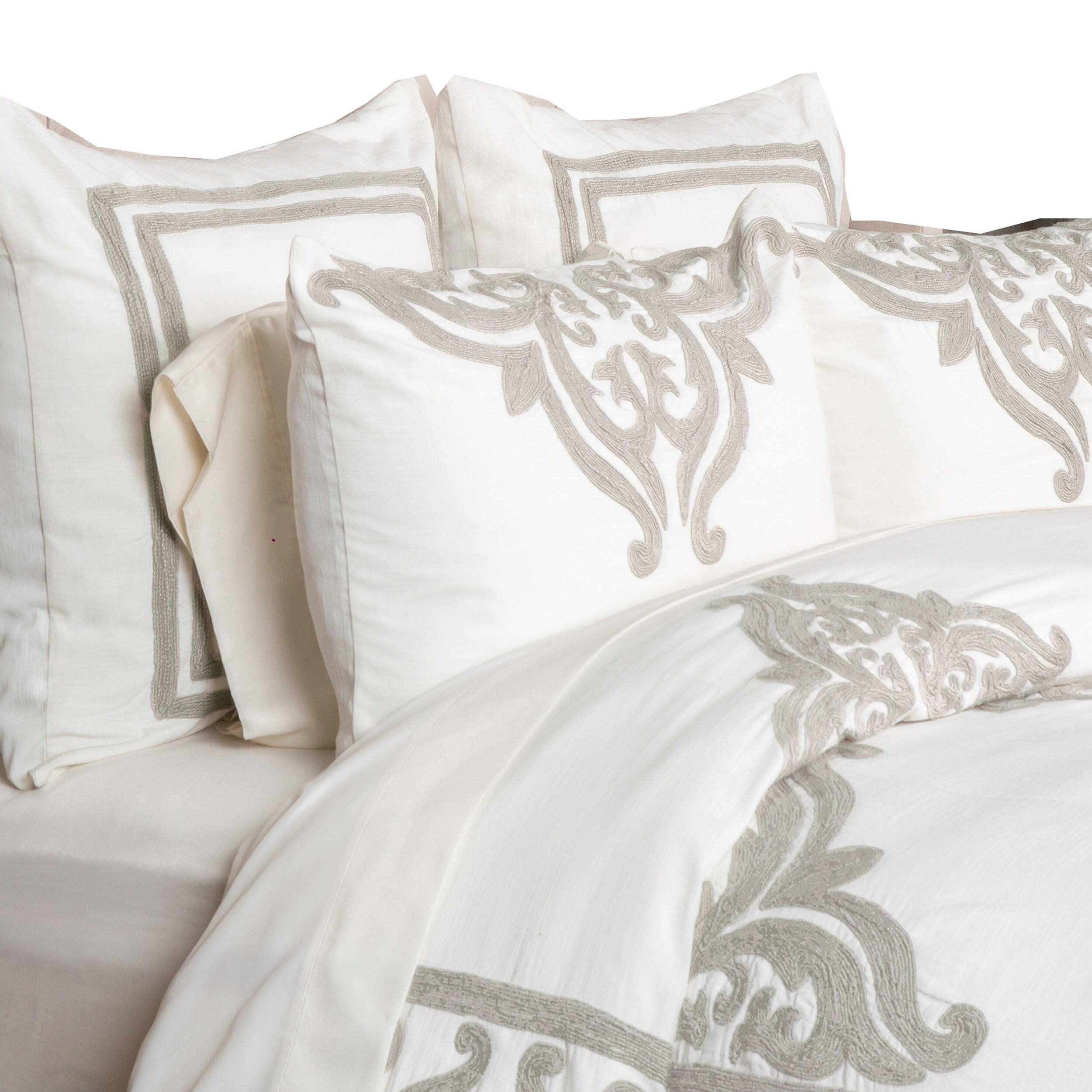 Front. Manhattan Lane - Lenz King Size Cotton Duvet Cover with Hand Stitched Damask Embroidery - Ivory.