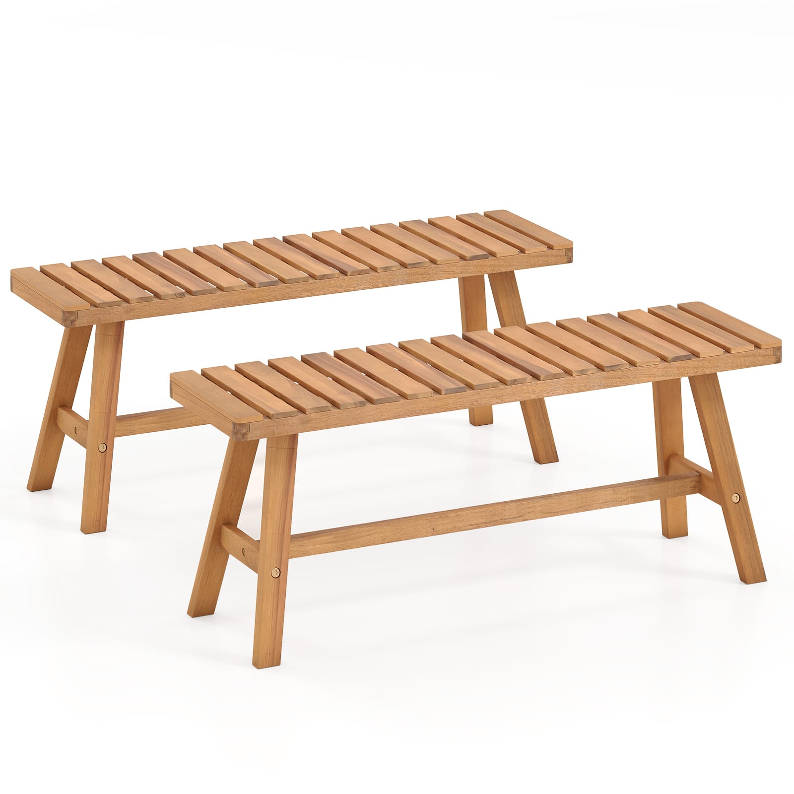 Gymax - 2PCS Acacia Wood Outdoor Garden Bench w/Slatted Seat 800 lbs Capacity for Front - Yellow