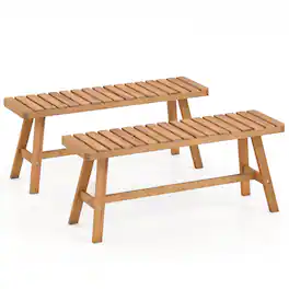 Gymax - 2PCS Acacia Wood Outdoor Garden Bench w/Slatted Seat 800 lbs Capacity for Front - Yellow