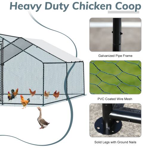 Heavy Duty Chicken Coop  
Galvanized Pipe Frame  
PVC Coated Wire Mesh  
Solid Legs with Ground Nails