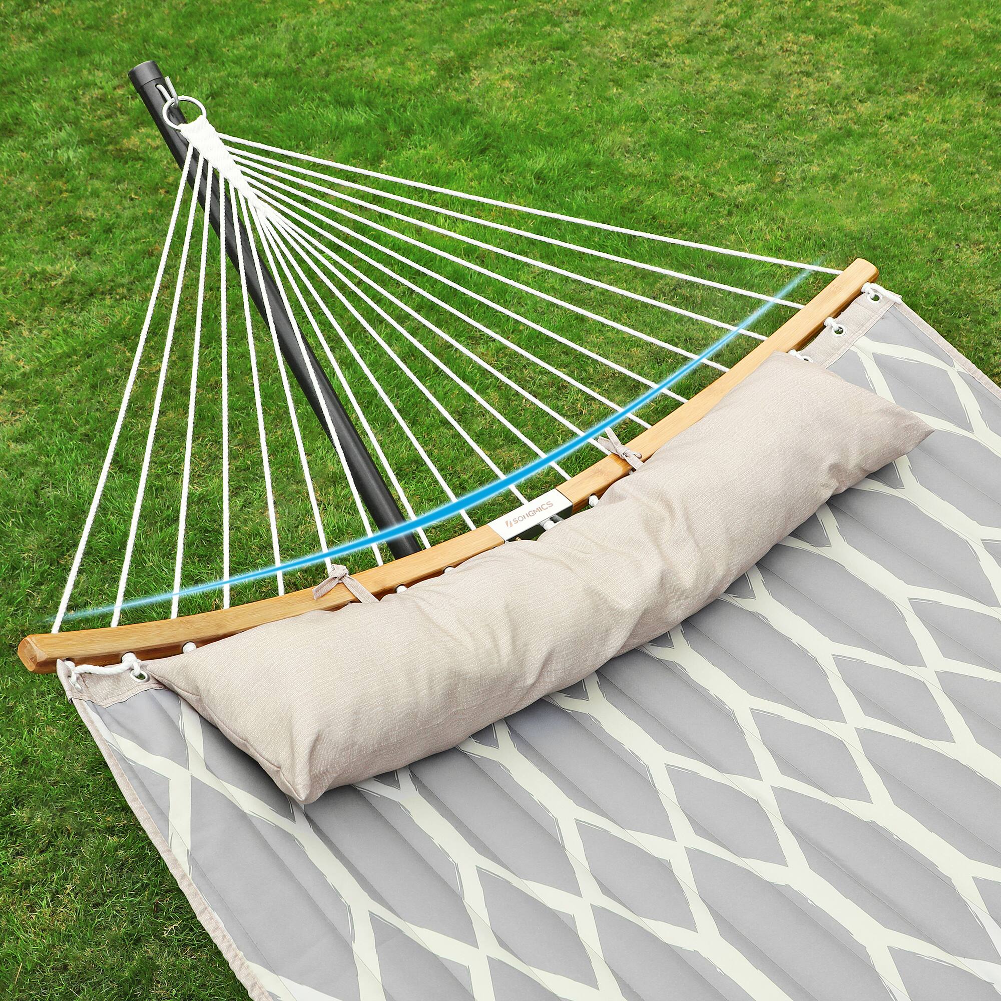 Back. Songmics Home - Hammock, Quilted Double Hammock with Padded Pillow, 78.7 x 55.1 Inches, 495 lb Weight Capacity, Portable - Gray.