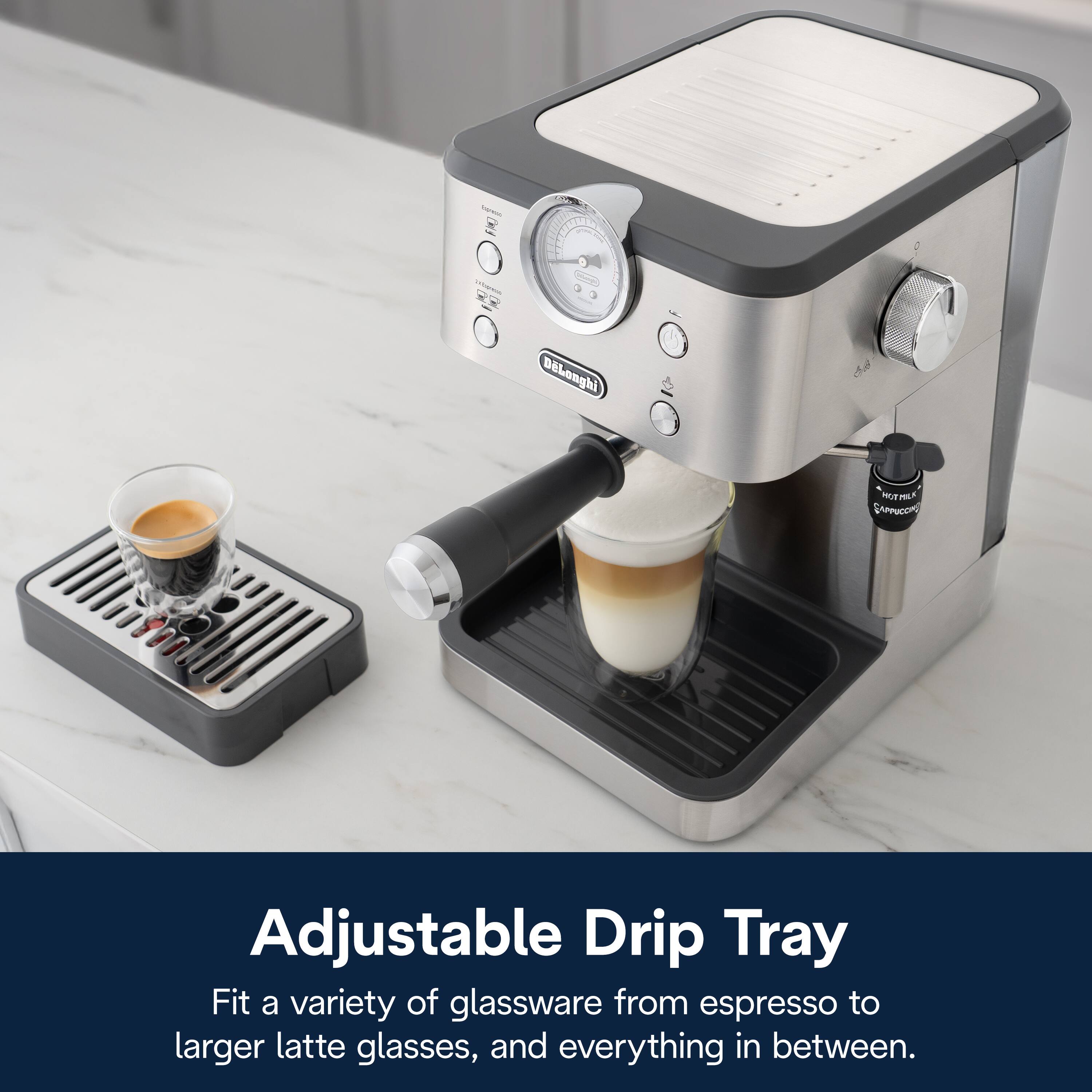The text on the image reads: "Adjustable Drip Tray Fit a variety of glassware from espresso to larger latte glasses, and everything in between."