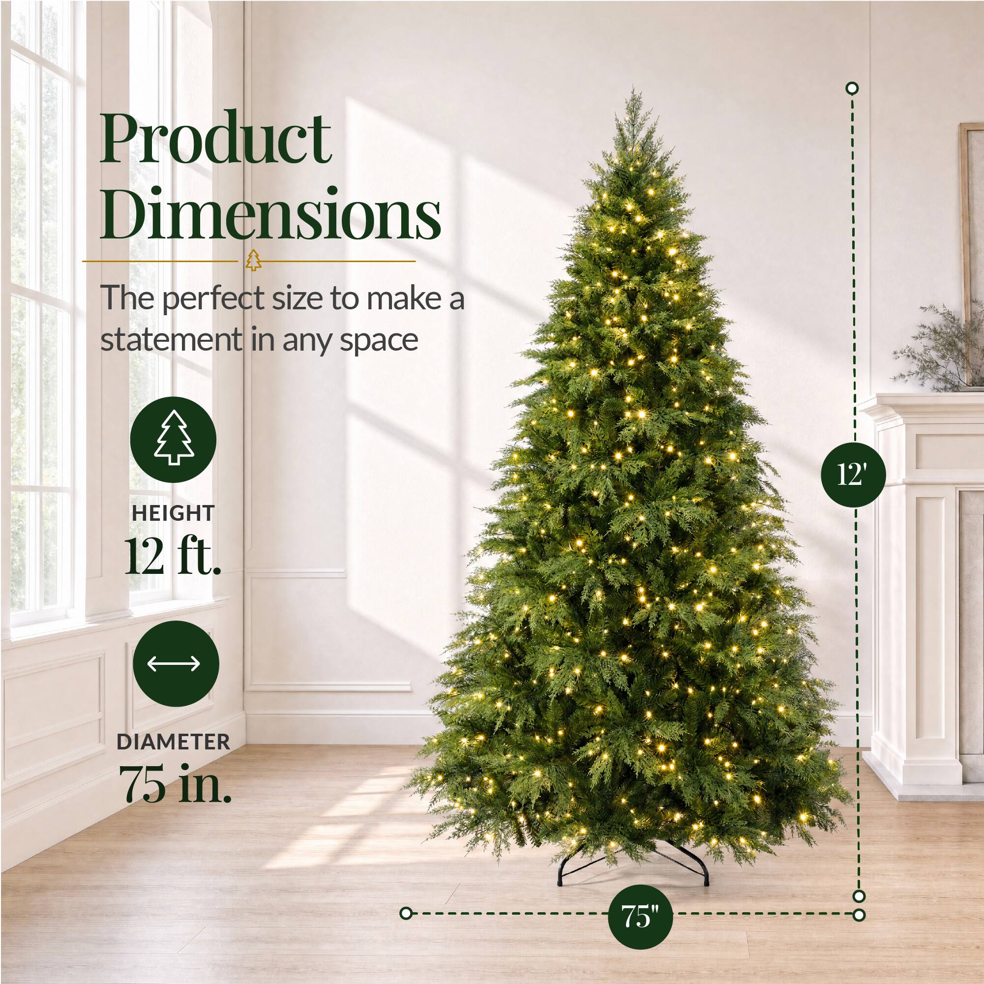 Product Dimensions  
The perfect size to make a statement in any space  
HEIGHT 12 ft.  
12'  
DIAMETER 75 in.  
75"
