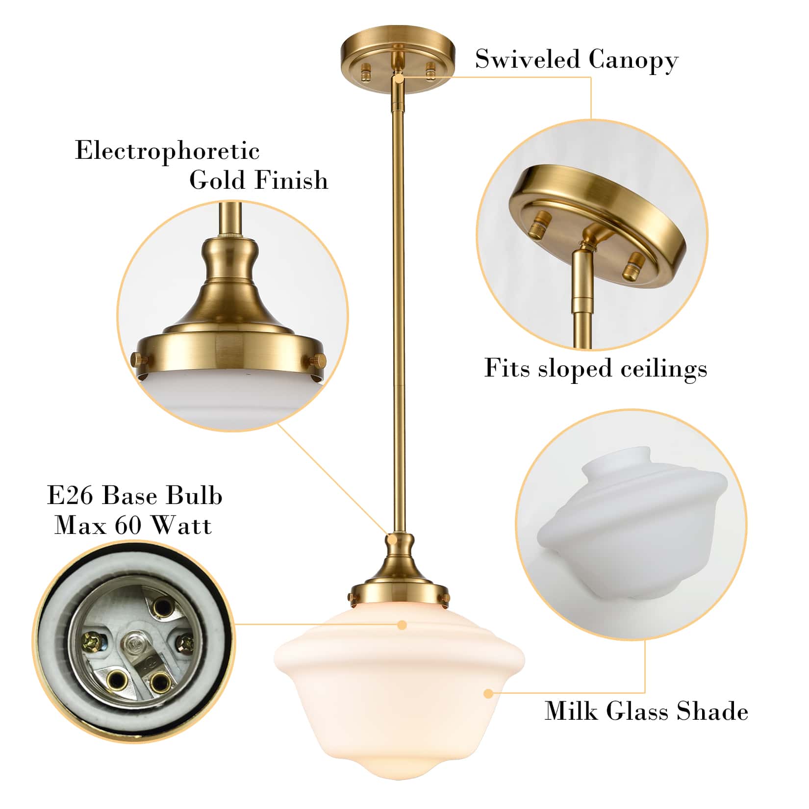 - Swiveled Canopy
- Electrophoretic Gold Finish
- Fits sloped ceilings
- E26 Base Bulb Max 60 Watt
- Milk Glass Shade
