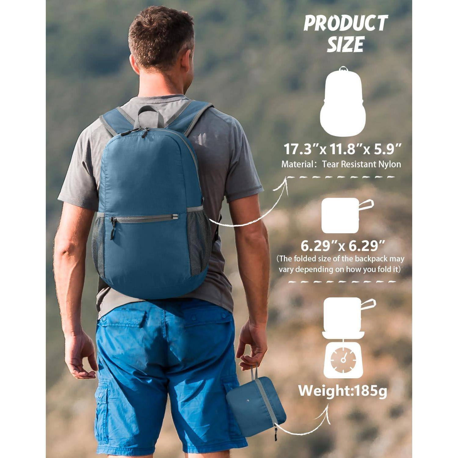 PRODUCT SIZE  
17.3" x 11.8" x 5.9"  
Material: Tear Resistant Nylon  

6.29" x 6.29"  
(The folded size of the backpack may vary depending on how you fold it)  

Weight: 185g