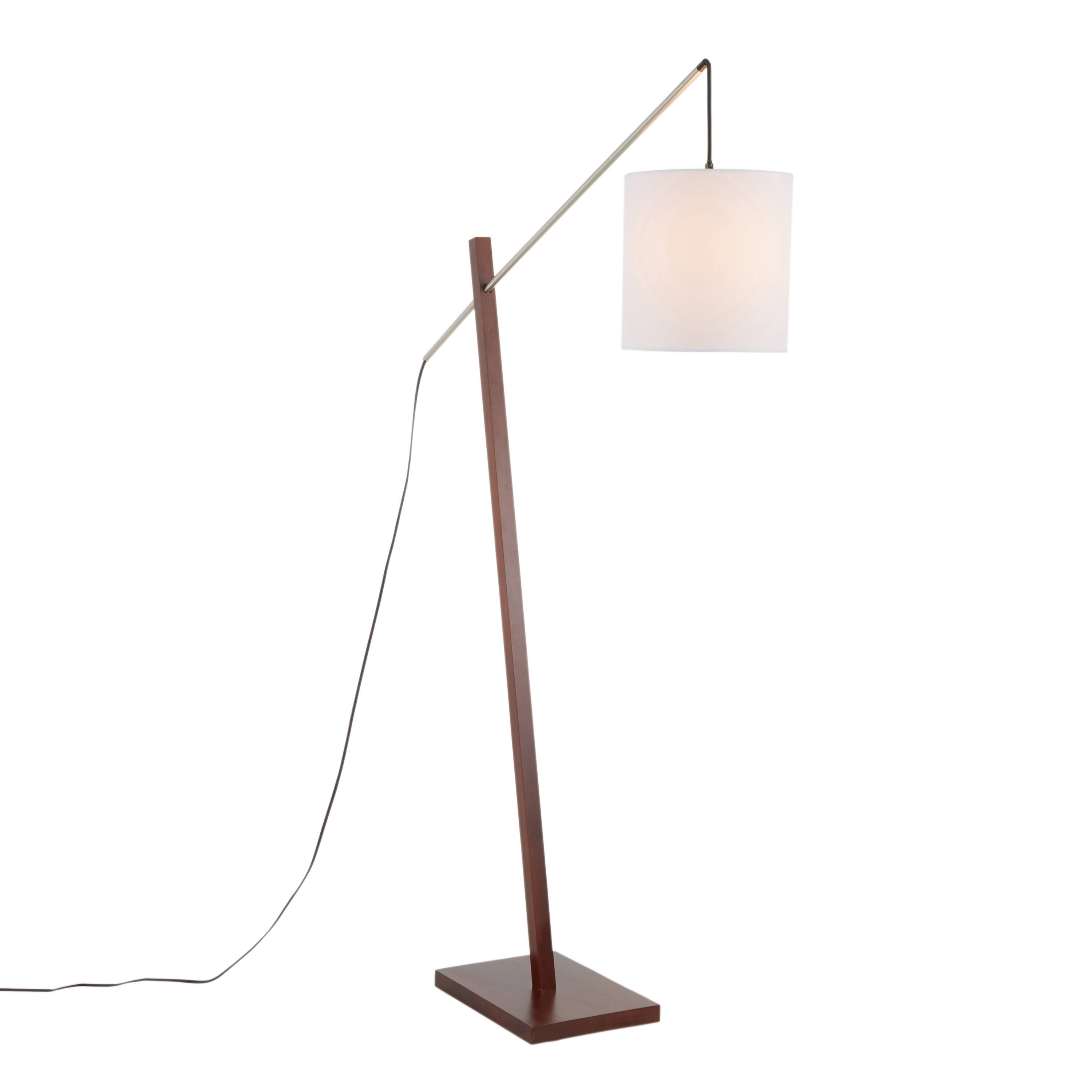 Angle. Loheer - Loheer Contemporary Floor Lamp Walnut Wood White Fabric Shade Tall Standing Light for Living Room Bedroom 60in - Walnut.