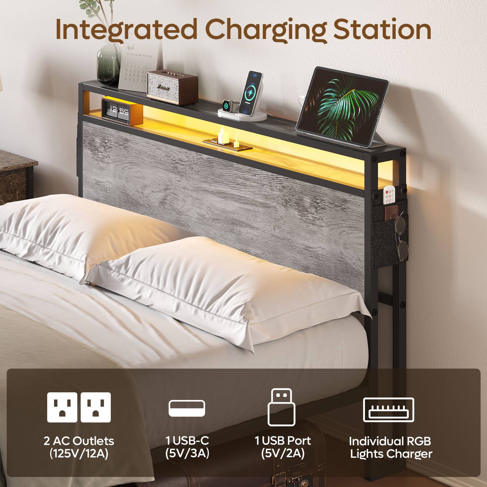 Integrated Charging Station

1. 2 AC Outlets (125V/12A)
2. 1 USB-C (5V/3A)
3. 1 USB Port (5V/2A)
4. Individual RGB Lights Charger