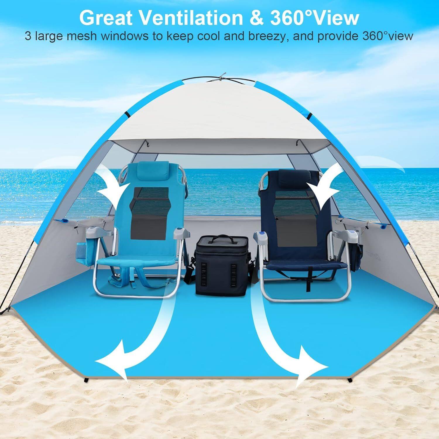Great Ventilation & 360° View  
3 large mesh windows to keep cool and breezy, and provide 360° view
