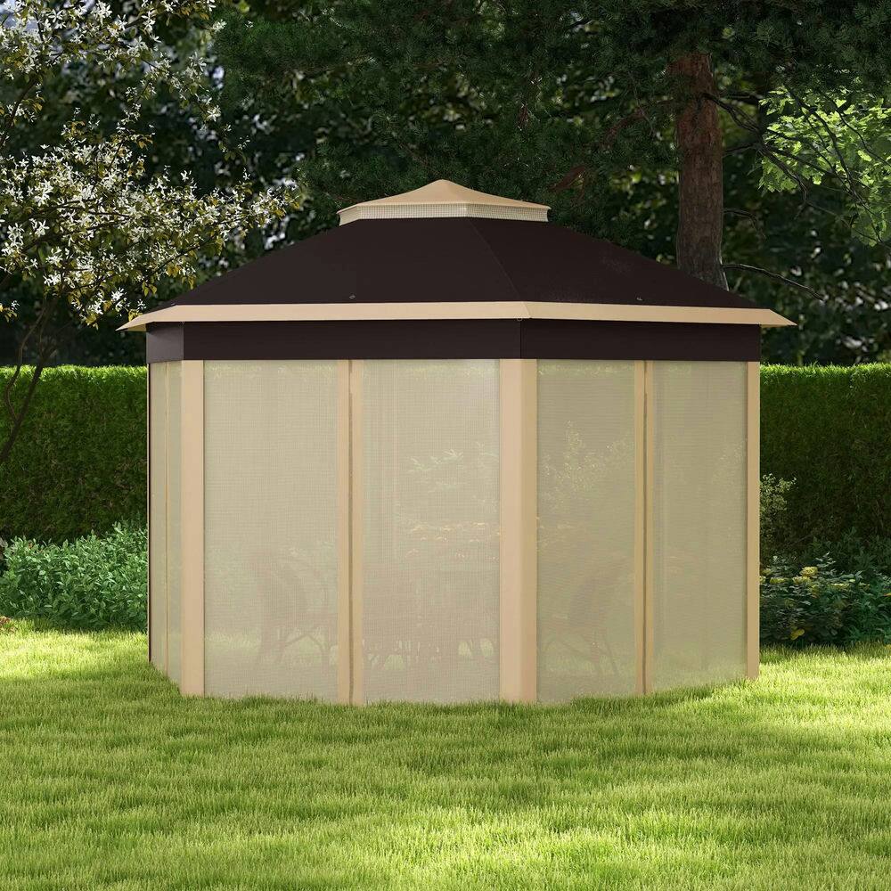 Alt View 6. Spaco - Spaco 13'x13' Pop Up Gazebo Hexagonal Canopy Shelter,6 Zippered Mesh Netting - Beige.