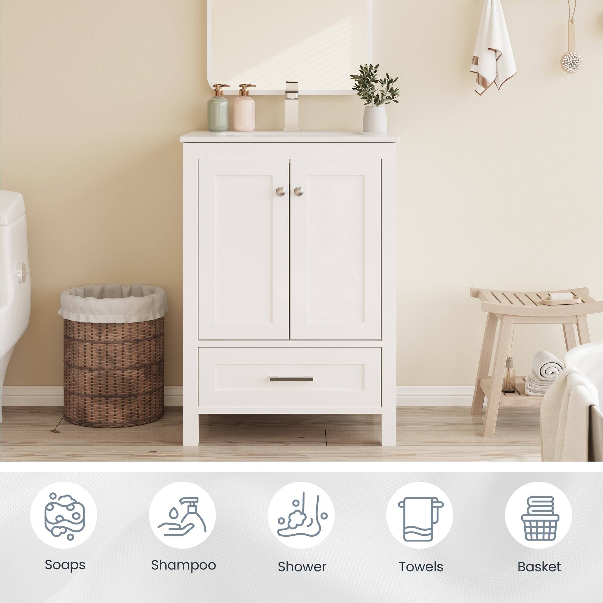 Soaps, Shampoo, Shower, Towels, Basket