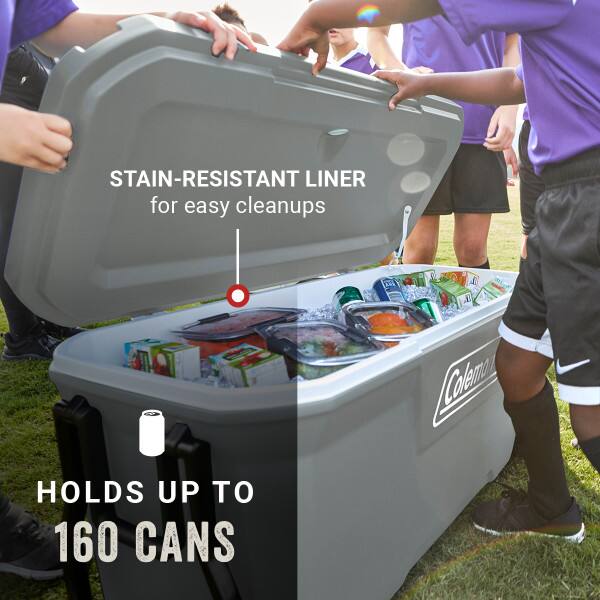 STAIN-RESISTANT LINER for easy cleanups  
Coleman HOLDS UP TO 160 CANS