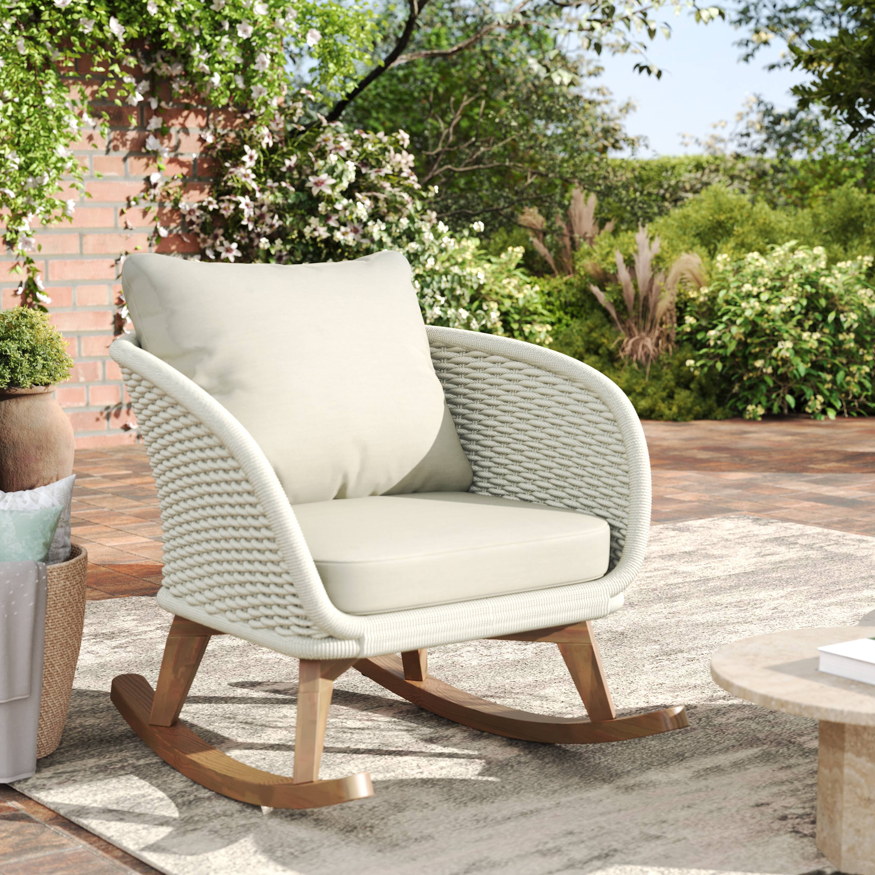 Angle. Tiramisubest - Contemporary Minimalist Wicker Rocking Chair with Cushions and Wooden Frame for Indoor and Outdoor Spaces,Beige+Natural - Beige+Natural.